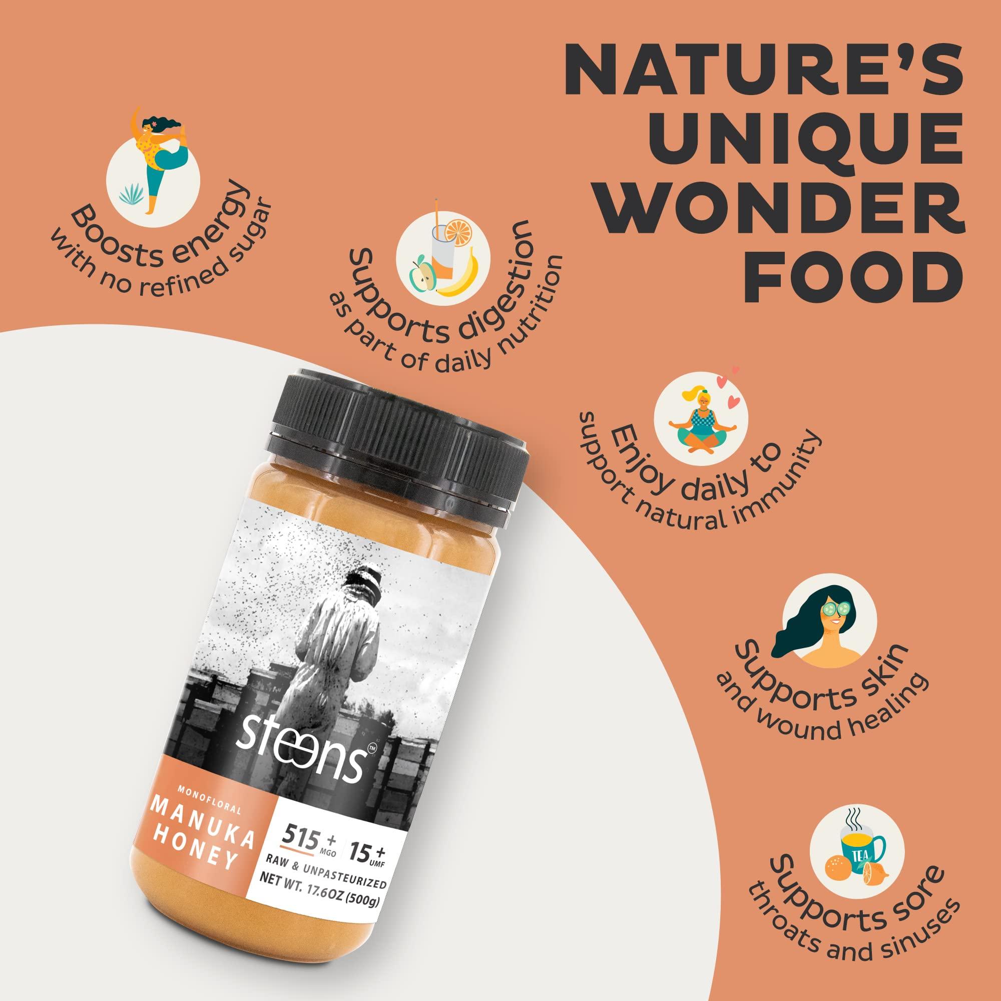 Steens Steens Manuka Honey - MGO 515+ - Pure & Raw 100% Certified UMF 15+ Manuka Honey - Bottled and Sealed in New Zealand - 17.6 oz