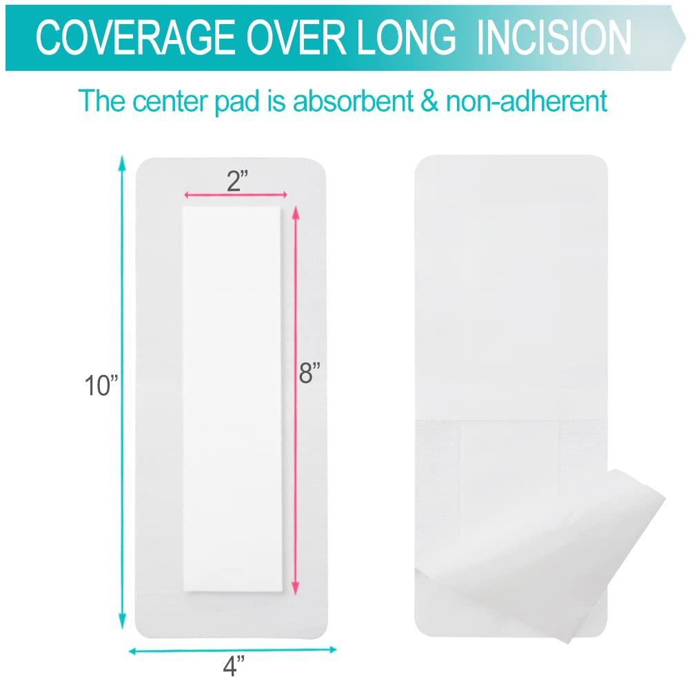 GoToHere Breathable Waterproof Adhesive Island Dressing for Knee/Hip Replacement Wound Incisions Bandages Bordered Gauze 4\"X10\" with 2\"x8\" Non Stick Pad No More Wounds Sticking Pack of 10