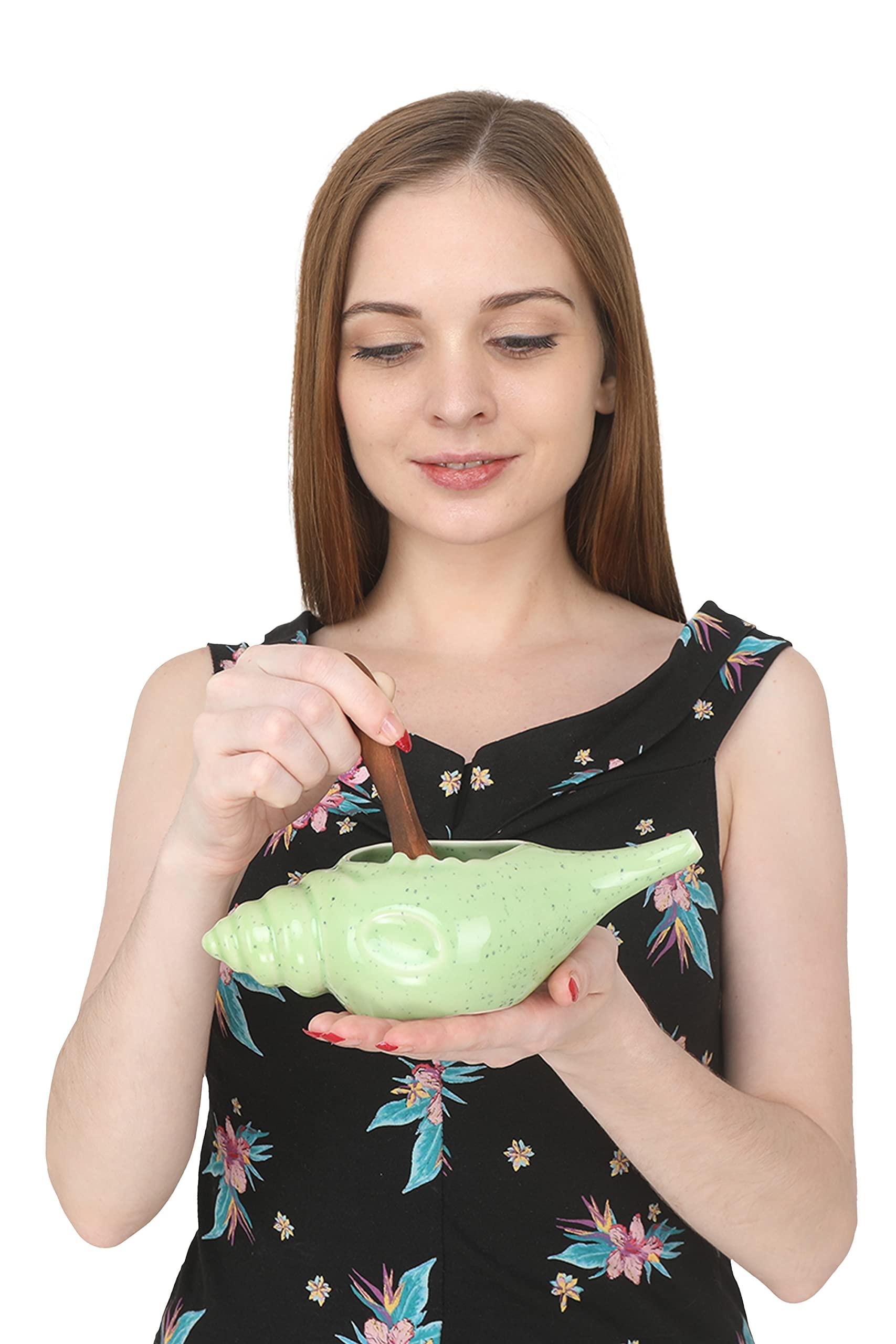 Qimacplus Qimacplus Leak Proof Durable Ceramic Neti Pot Non-Metallic & Comfortable Grip with 10 Sachet Neti Salt | Microwave & Dishwasher Friendly Natural Treatment for Sinus & Congestion (Green Matt)