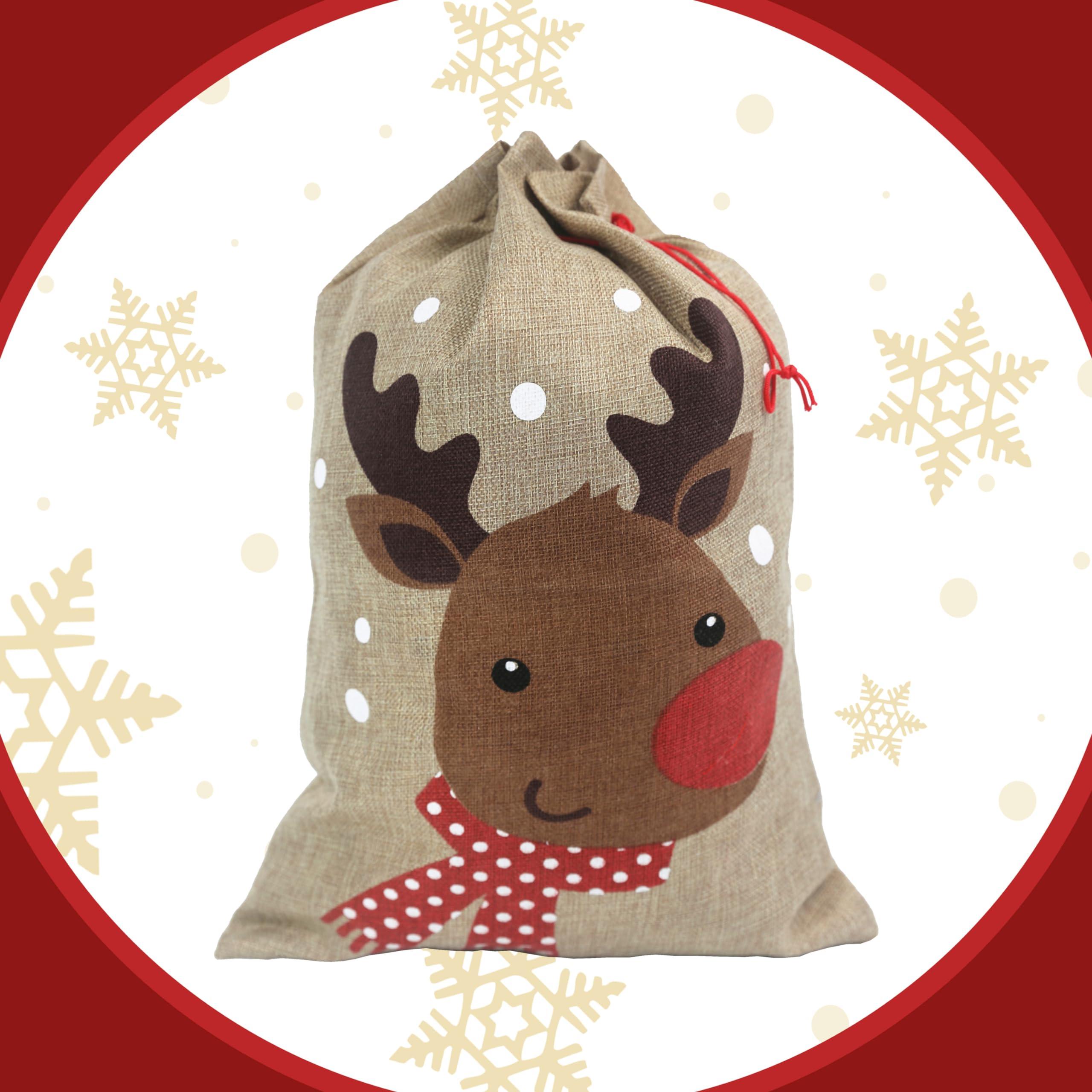 Hooin Christmas Sacks (13.8‘’ x 19.7‘’ Medium Size) – Pack of 4 Drawstring Goody Gift Bags for Christmas Treats 4 Designs Santa Snowman Reindeer Penguin