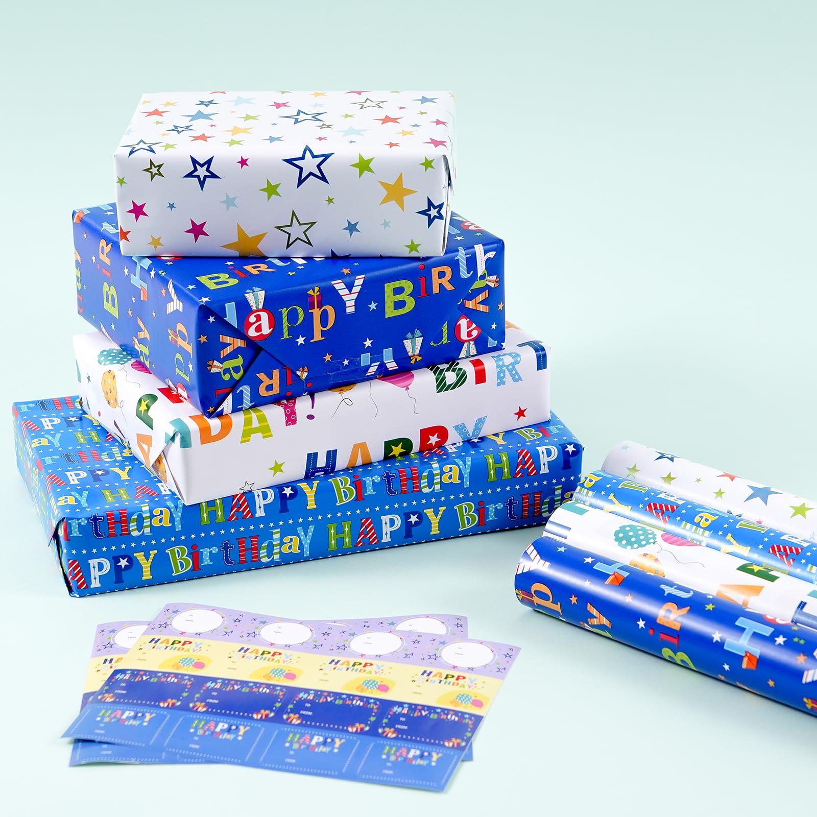PlandRichW PlandRichW Birthday Wrapping Paper 4 Mini Rolls 17 x 120 for Kids Boys Girls, Colorful Happy Birthday Letters and Stars Design, Gift Wrapping Paper for Women Men Baby Shower Holiday
