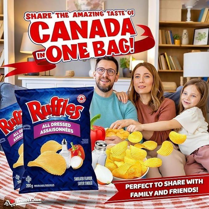 TRENDNSAVE Ruffles All Dressed Potato Chips, 60g/2.1 oz (Pack of 4) - Gluten Free, Lactose Free, Vending Machine, Canadian Snack, Shipped from Canada