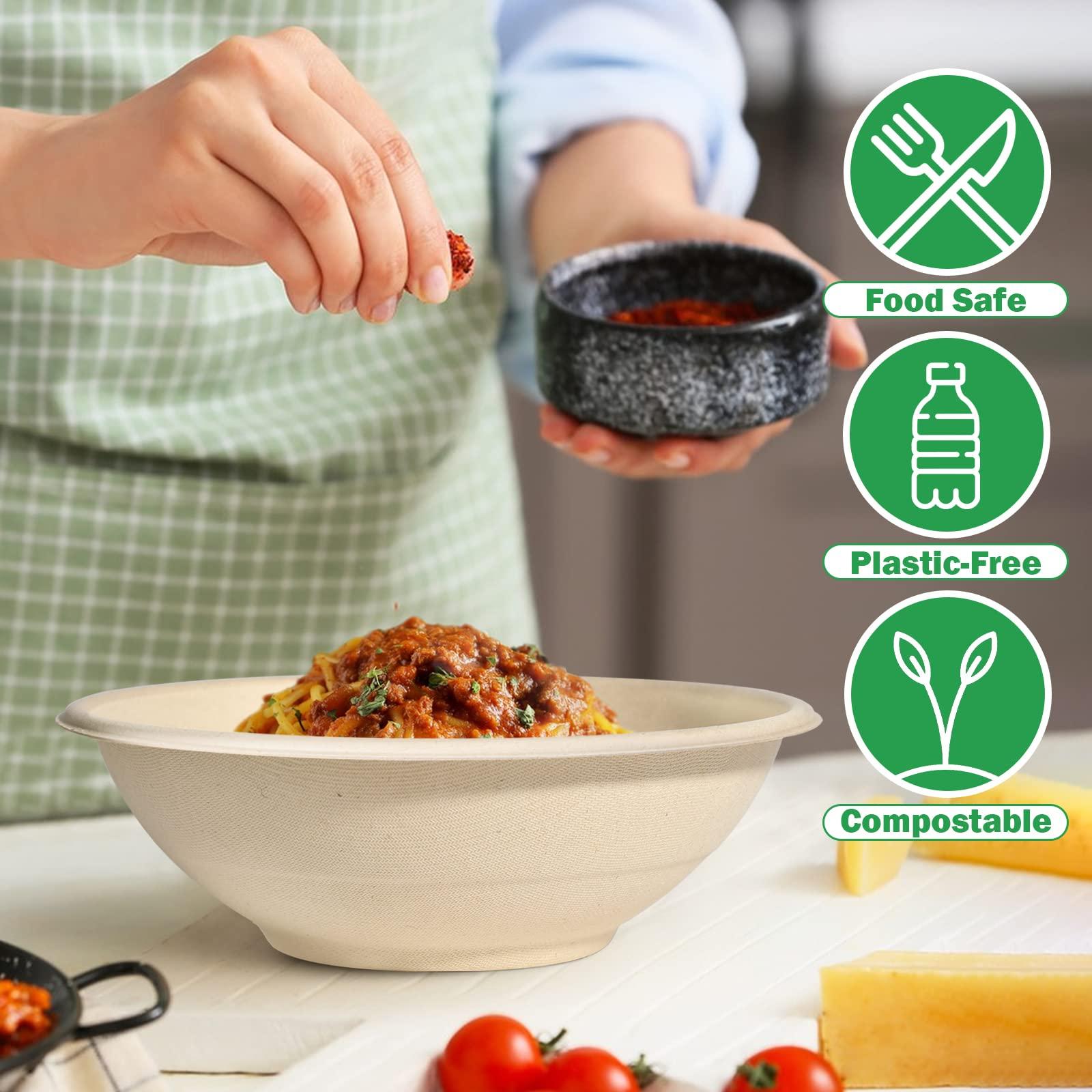 Bionutrio 32oz Bowls Disposable Heavy Duty, Compostable Paper Bowls, Large Disposable Bowls 100 Pack, Deep Paper Soup Bowls For Hot And Cold Food, Biodegradable Bowls Made of Sugarcane for Salad Cereal Snacks