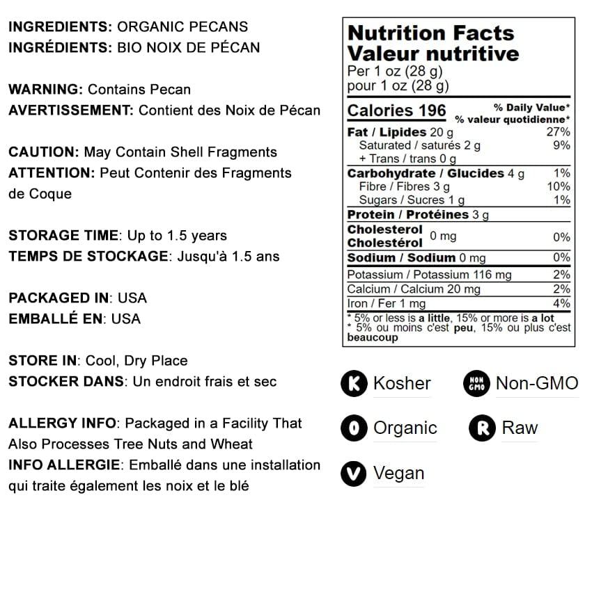 Food to Live Food to Live Organic Pecan Pieces, 12 Ounces Raw, Chopped Pecans, Non-GMO, Unsalted, Unroasted, Kosher, Shelled, Kosher, Vegan, Sirtfood, Bulk. Keto-Friendly. Good Source of Iron, and Calcium.