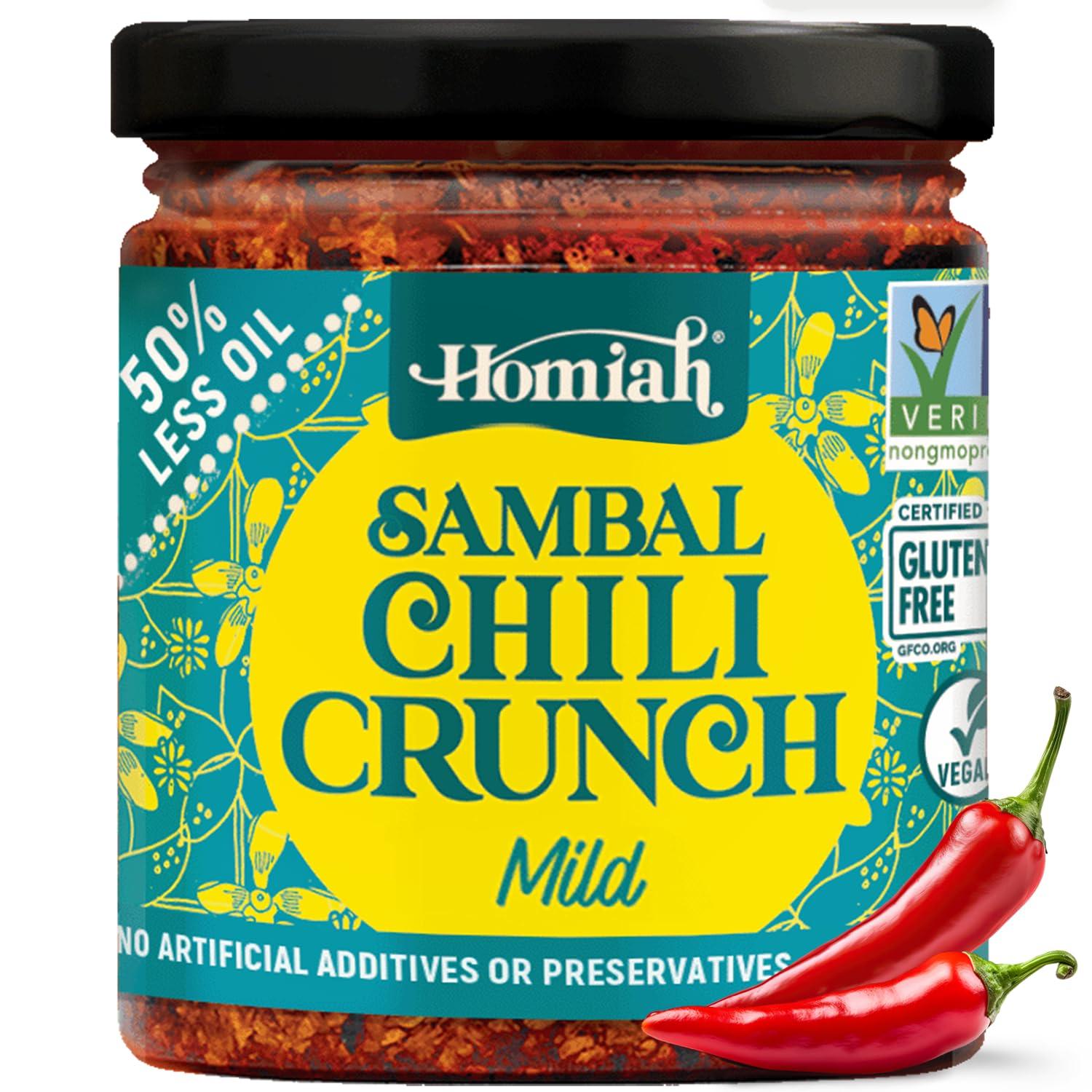 Homiah Homiah Sambal Chili Crunch, 6oz - Less Oil Low Sodium Gluten Free Vegan, Sambal Oelek Chili Paste, Crispy Chili Crunch Topping with Seaweed - Mild