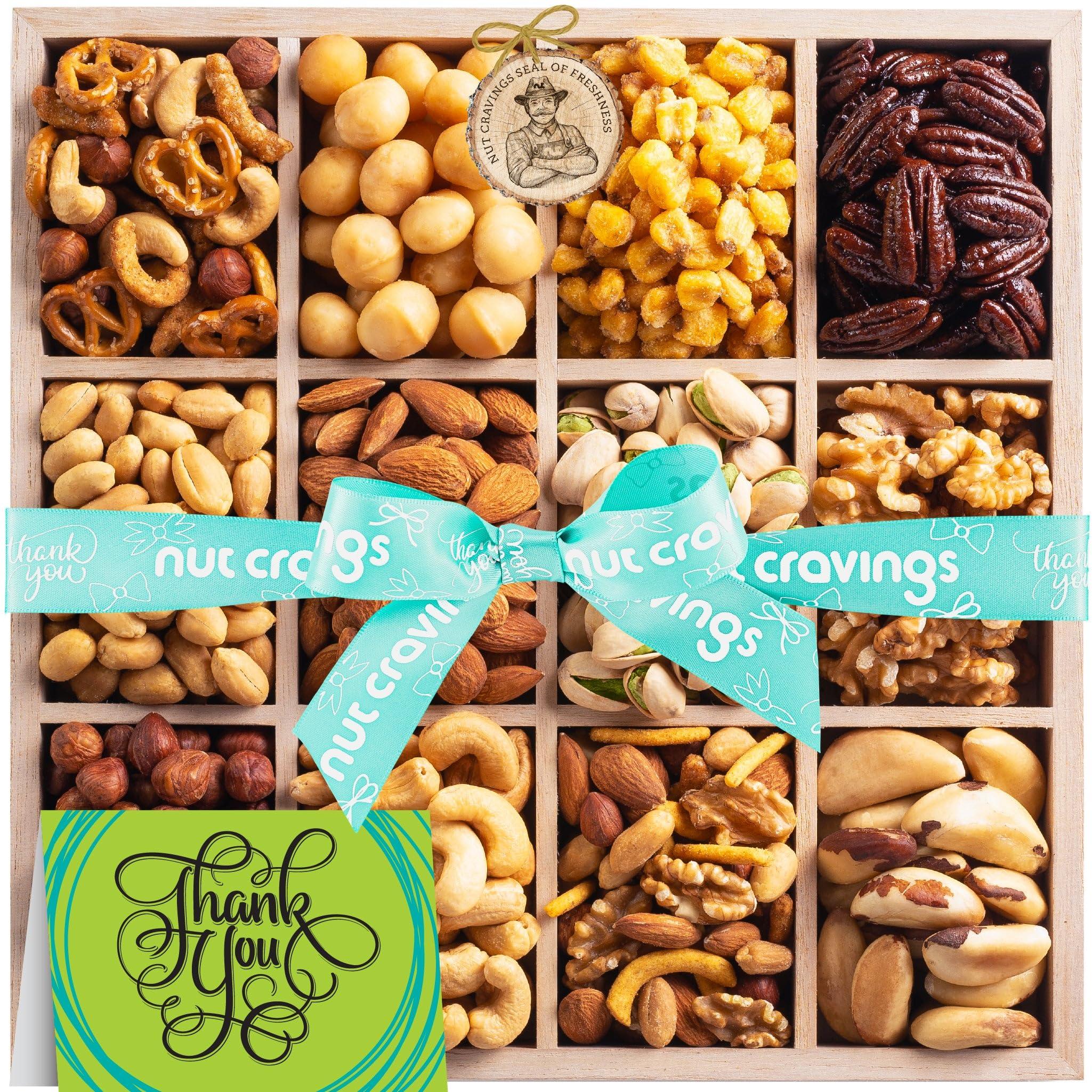 Nut Cravings NUT CRAVINGS Gourmet Collection - Thank You Nuts Gift Basket with TY Ribbon + Greeting Card in Reusable Wooden Tray (12 Assortments) Food Platter Appreciation Care Package Kosher