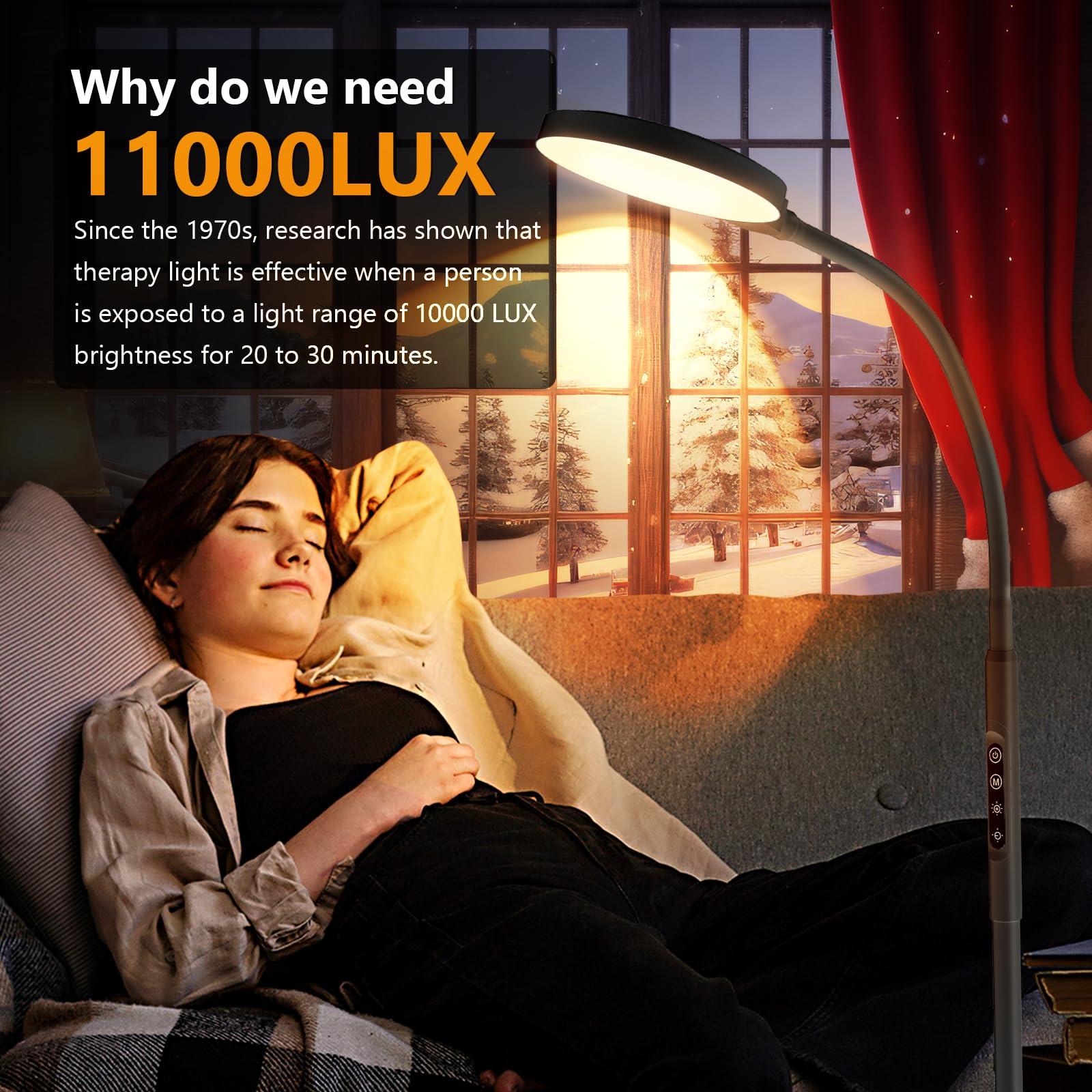 Aulaidik Light Therapy Lamp, 3 in 1 Happy Therapy Floor Lighting, 11000 Lux Full Spectrum Therapy Lamps, UV-Free LED Sunlight, 10 Brightness/5 Color/Gooseneck/Height Adjustable With Remote Timer Control, Black