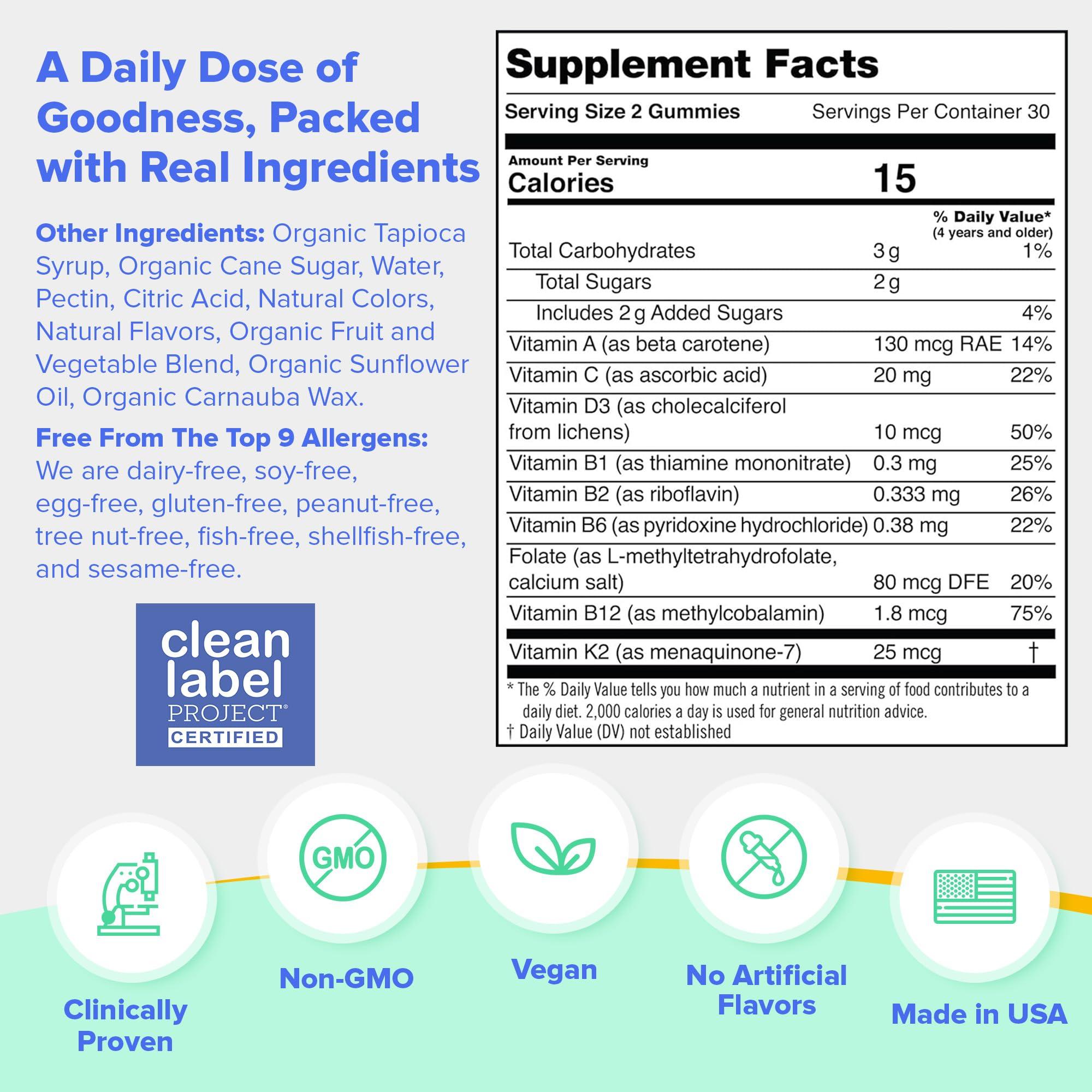 FIRST DAY FIRST DAY Kids Essential Multivitamin Gummies, Vitamin A, D3, B6, B12, C, K2 & More + Organic Fruits & Veggies for Growth, Brain, Immunity. Natural Strawberry & Orange Flavor, Low Sugar. 30-Day Supply