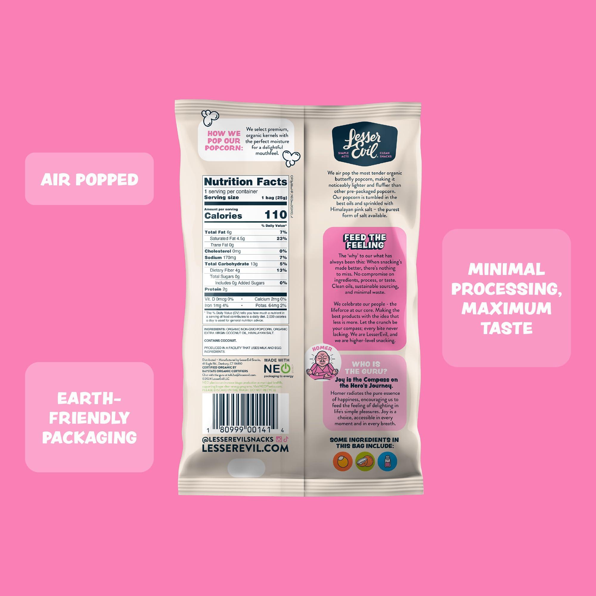 Lesserevil LesserEvil Himalayan Pink Salt Organic Popcorn, No Artificial Ingredients, Coconut Oil, Pack of 12, 0.88 oz Bags