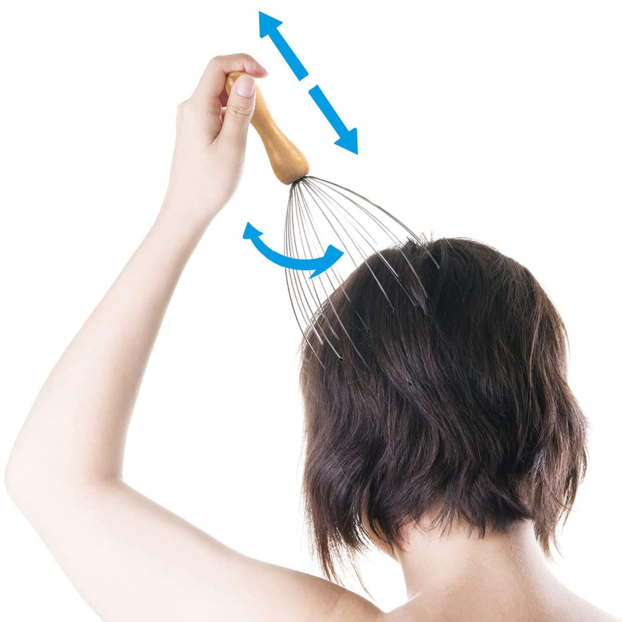 ABDJ 10inch Deluxe Comfort Portable Hand Held Scalp Head Massager Alleviate Stress Promotes Deep Relaxation Light Weight Portable Scalp Massager, Wood Handle Silver