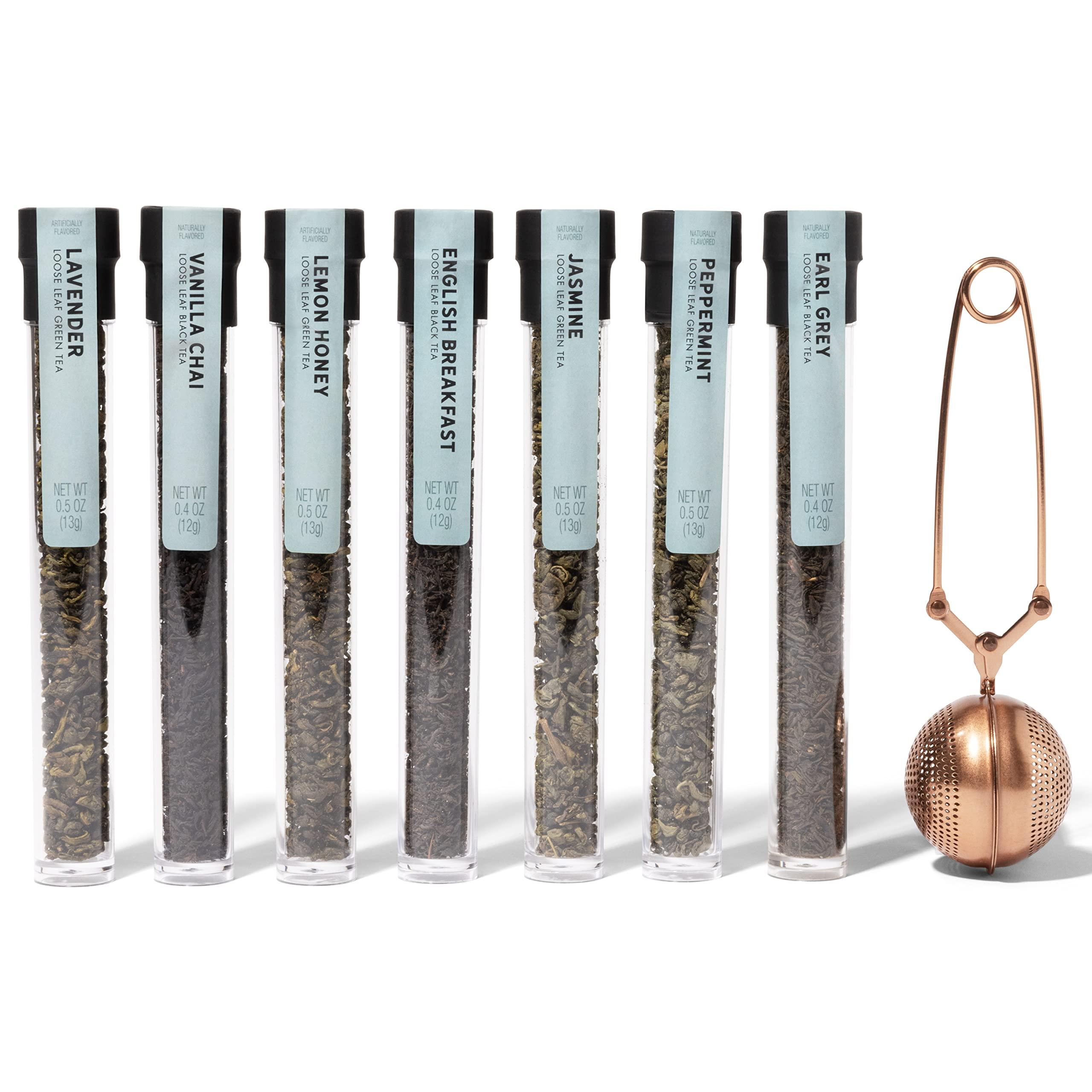Thoughtfully Thoughtfully Gourmet, Tea Therapy Infusion Gift Set, 7 Unique Flavors and Reusable Copper Ball Infuser, Loose Leaf Tea Set Flavors Include Peppermint, Jasmine, Vanilla Chai and More, Set of 7