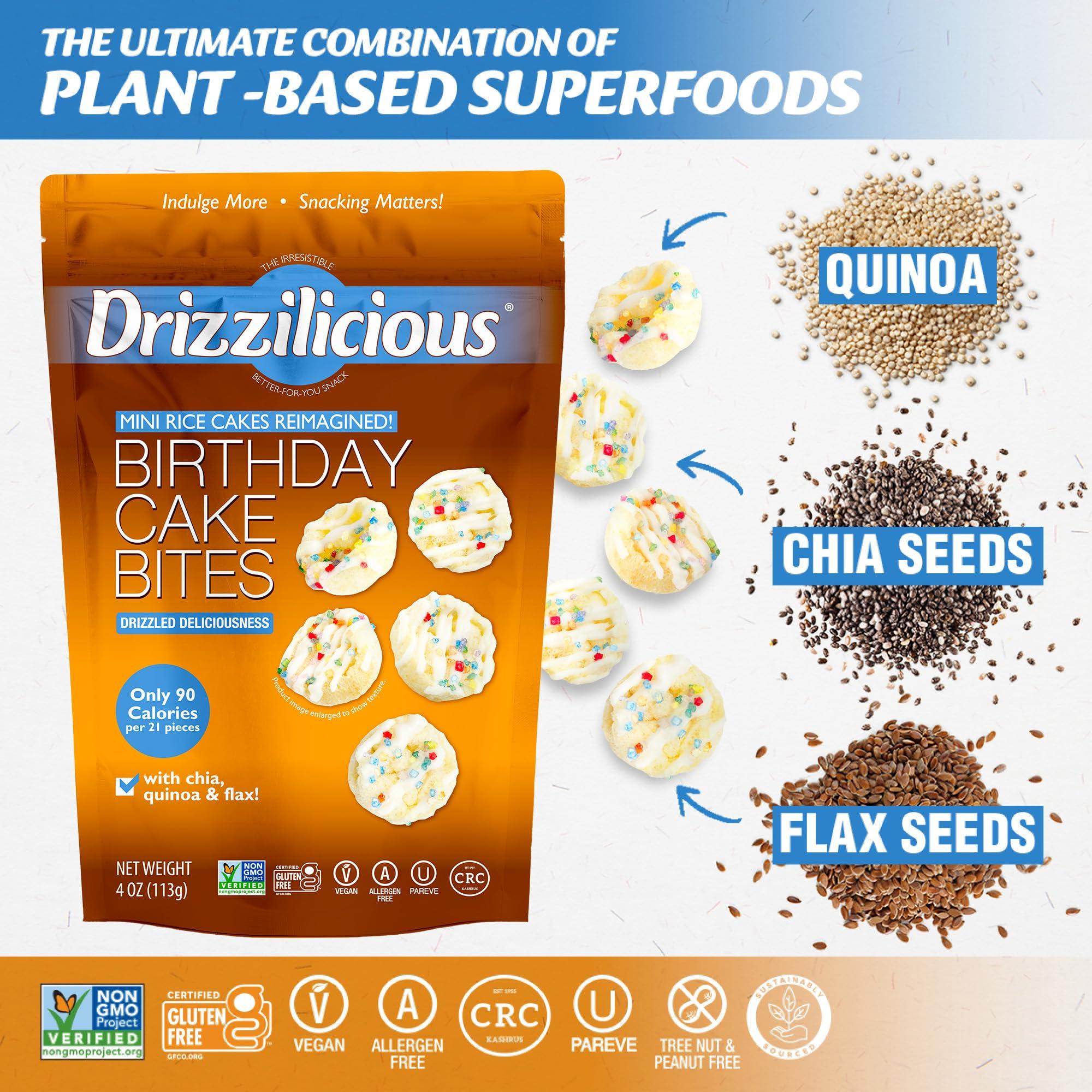 Drizzilicious Drizzilicious Mini Rice Cakes Birthday Cake - Rice Crisps, Healthy Snack for Adults and Kids, Flavored Rice Cakes, Vegan, Gluten Free, Allergen Free, Only 90 Calories Per Serving - 4 oz (Pack of 2)