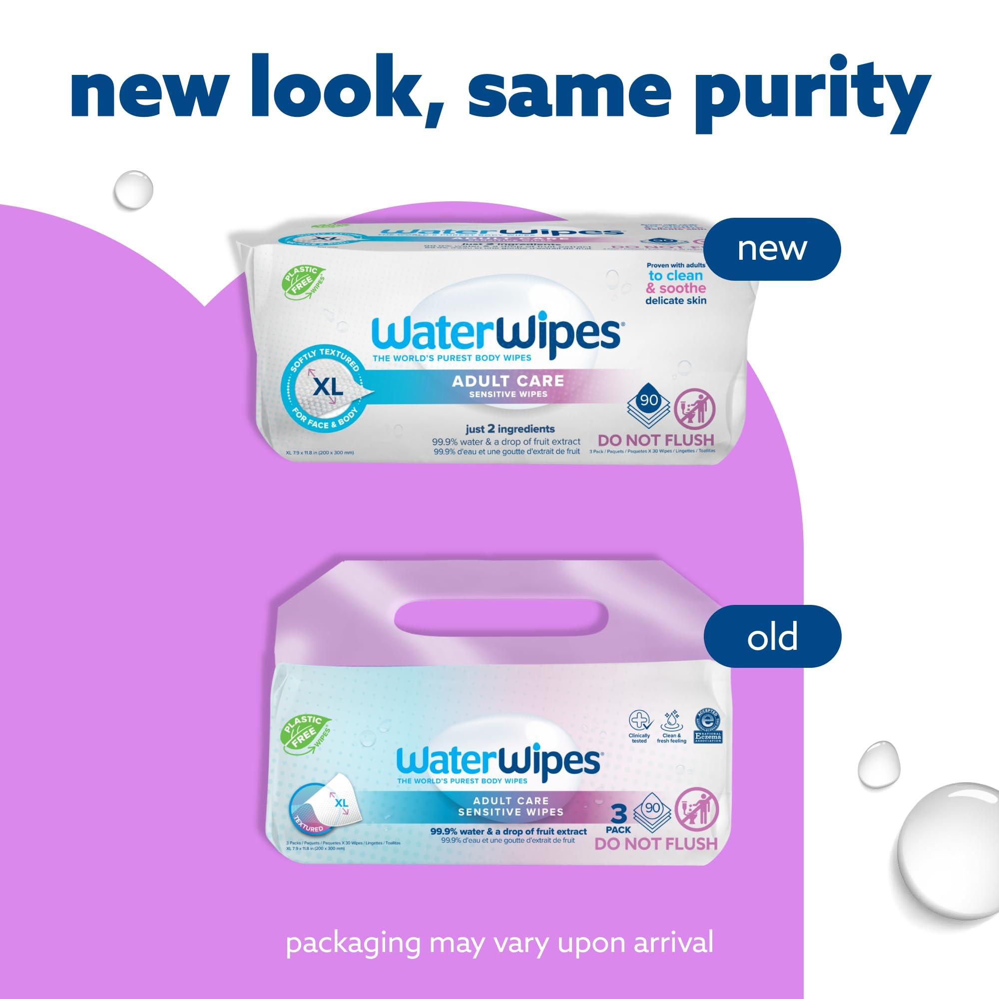 WaterWipes WaterWipes Adult Care Sensitive Body & Intimate Hygiene Wipes, 90 Wipes (3 Packs), Extra Large Textured, 99.9% Water-Based, For Everyday Personal Uses