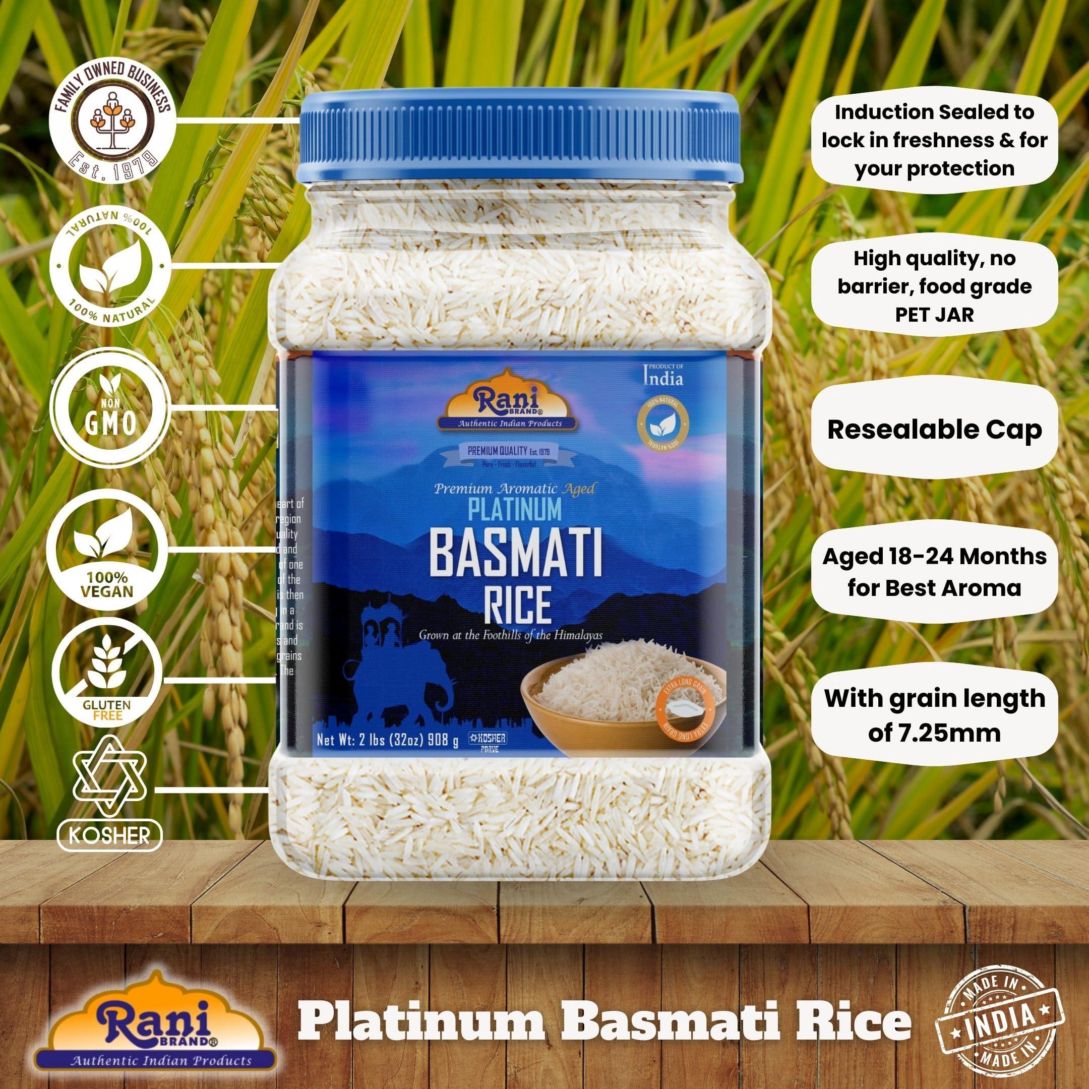 Rani Brand Authentic Indian Products Rani Platinum White Basmati Rice Extra Long Aged 32oz (2lbs) 908g PET Jar ~ All Natural | Gluten Friendly | Vegan | Indian Origin | Kosher | Export Quality
