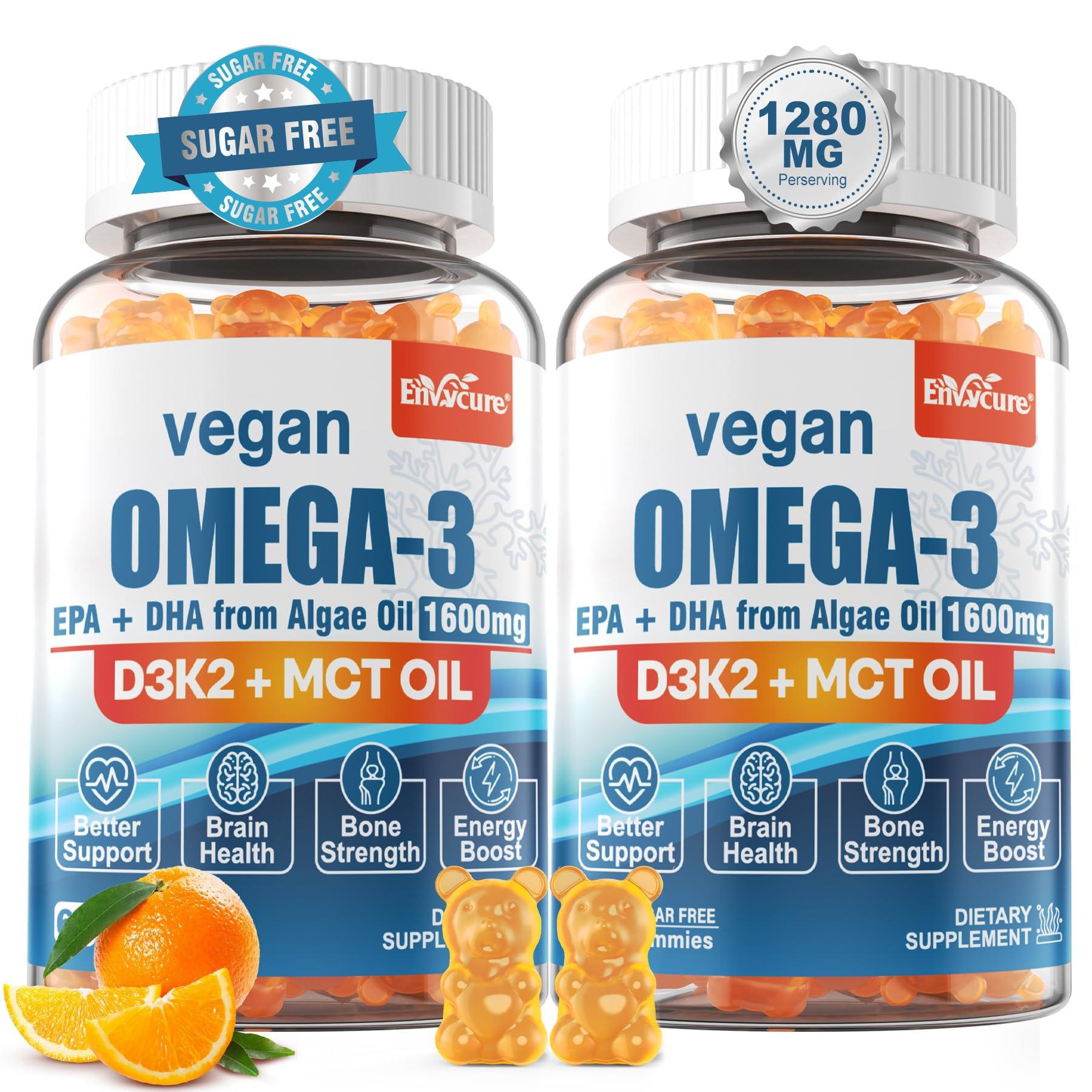 EnvyCure Vegan Omega 3 Gummies 1280mg + Vitamin D3 K2 (MK7), Omega 3 Fish Oil Alternative for Adults, w/Algae EPA 600mg & DHA 400mg, MCT Oil - No Fish Taste - for Brain, Eye, Immune Health, Sugar Free, 2 Pack