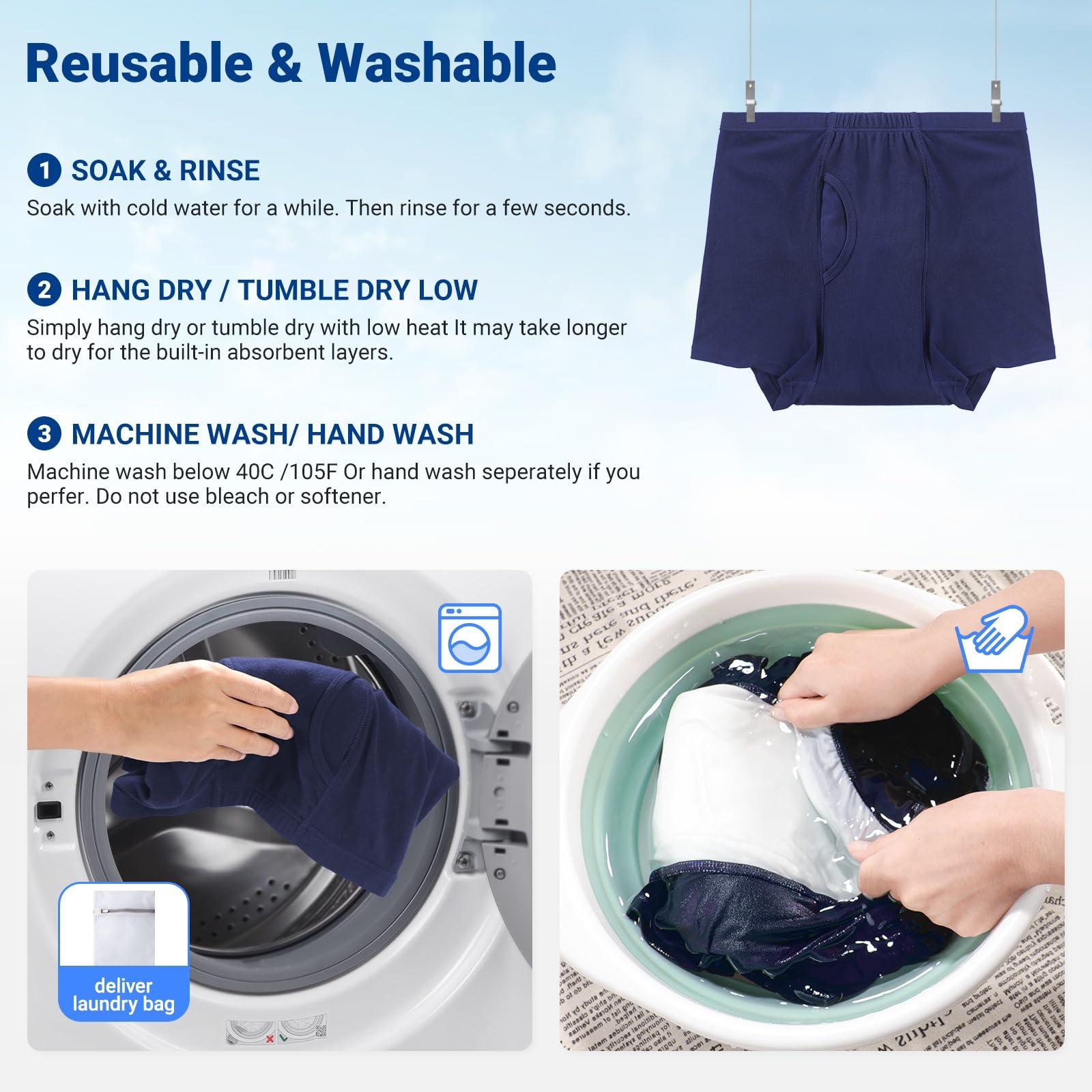 AutoTime Men\'s Incontinence Underwear 2PCS Incontinence Boxer Briefs Absorption Protection Washable Incontinence Underwear for Men Leak Proof Underwear with Front & Rear Absorbent Area 200ML (Blue, Small)