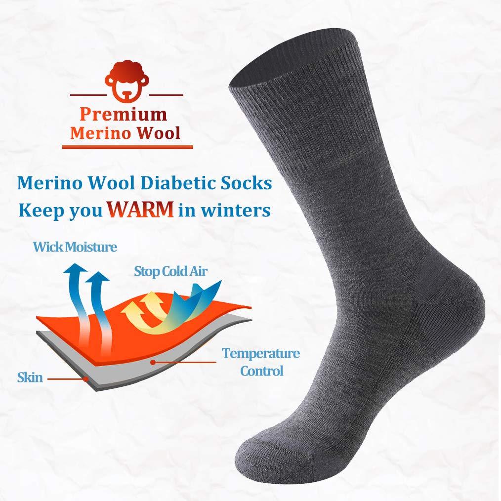 Forcool Forcool Merino Wool Crew Diabetic Men Women Non Binding Wide Loose Top Cushioned Sole Diabetic Dress Socks, Large 3 Pairs Dark Gray
