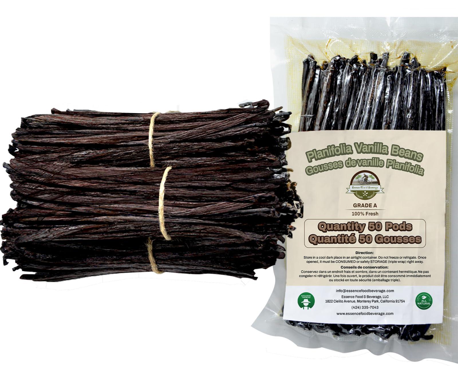 ESSENCE FOOD & BEVERAGE 50 Vanilla Beans Bulk For Making Vanilla Extract Grade A - NON-GMO Fresh Vanilla Bean pods, 6-9" Inches Vanilla Bean, Vanilla Beans For Making Vanilla Extract Grade A