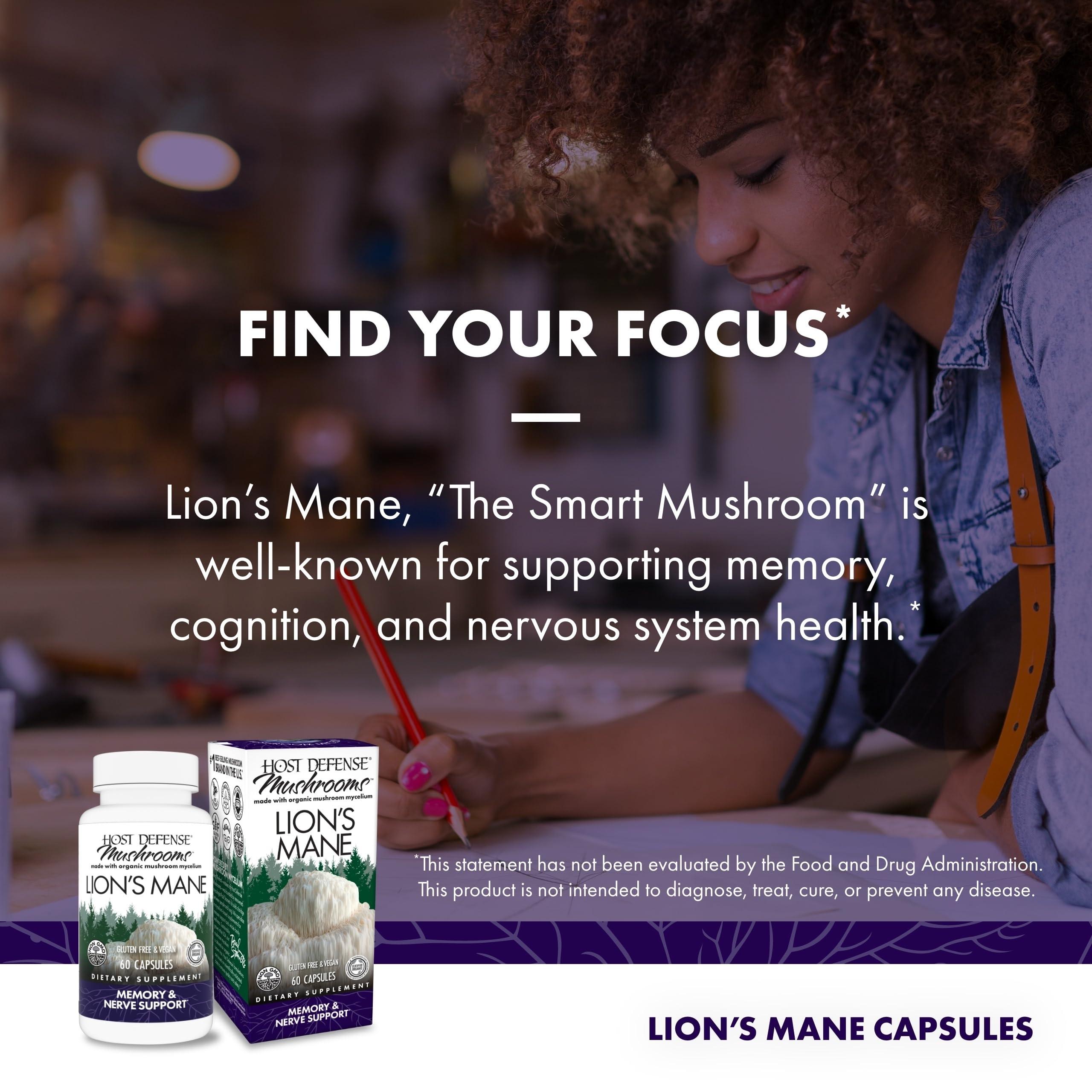 Host Defense Host Defense Mushrooms Lion's Mane - Supplement Capsules for Brain Health Support - Mushroom Support for Focus & Memory Function - Immune & Nervous System Supplement - 60 Capsules (30 Servings)*