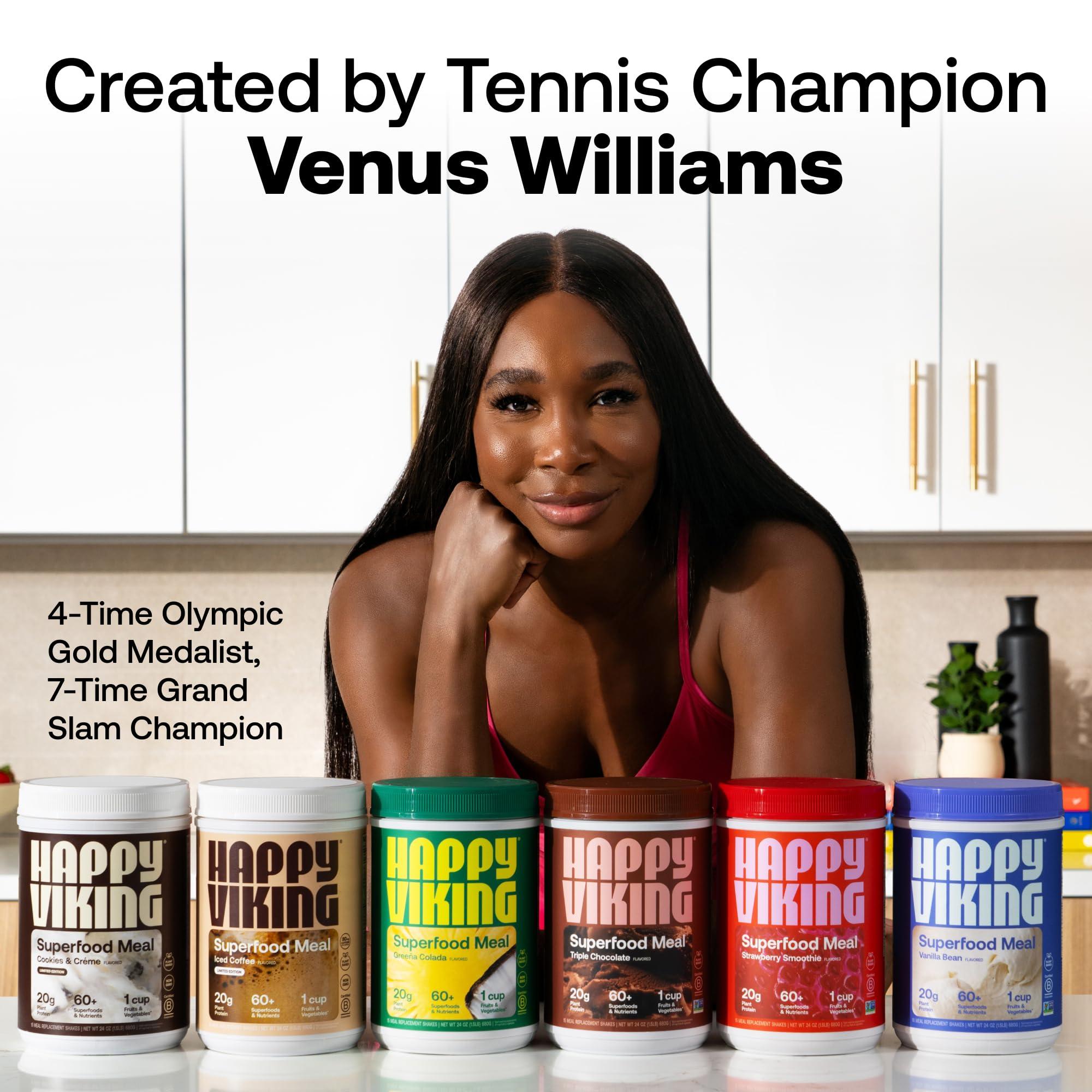Happy Viking Happy Viking Triple Chocolate Protein + Superfoods Powder, Created by Venus Williams, 20G Protein, Low Carb, Keto, Vegan, Gluten-Free, Non-GMO, Complete Meal Replacement, 1 Canister (24 oz.)
