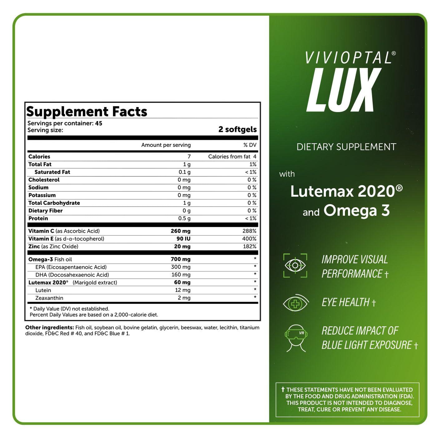 Vivioptal Vivioptal Lux, 90 Softgels, Adult Vitamins, Improve Visual Performance, Omega 3, Zinc, and Vitamin C & E, Multivitamin & Multimineral, Gluten Free, German Formula