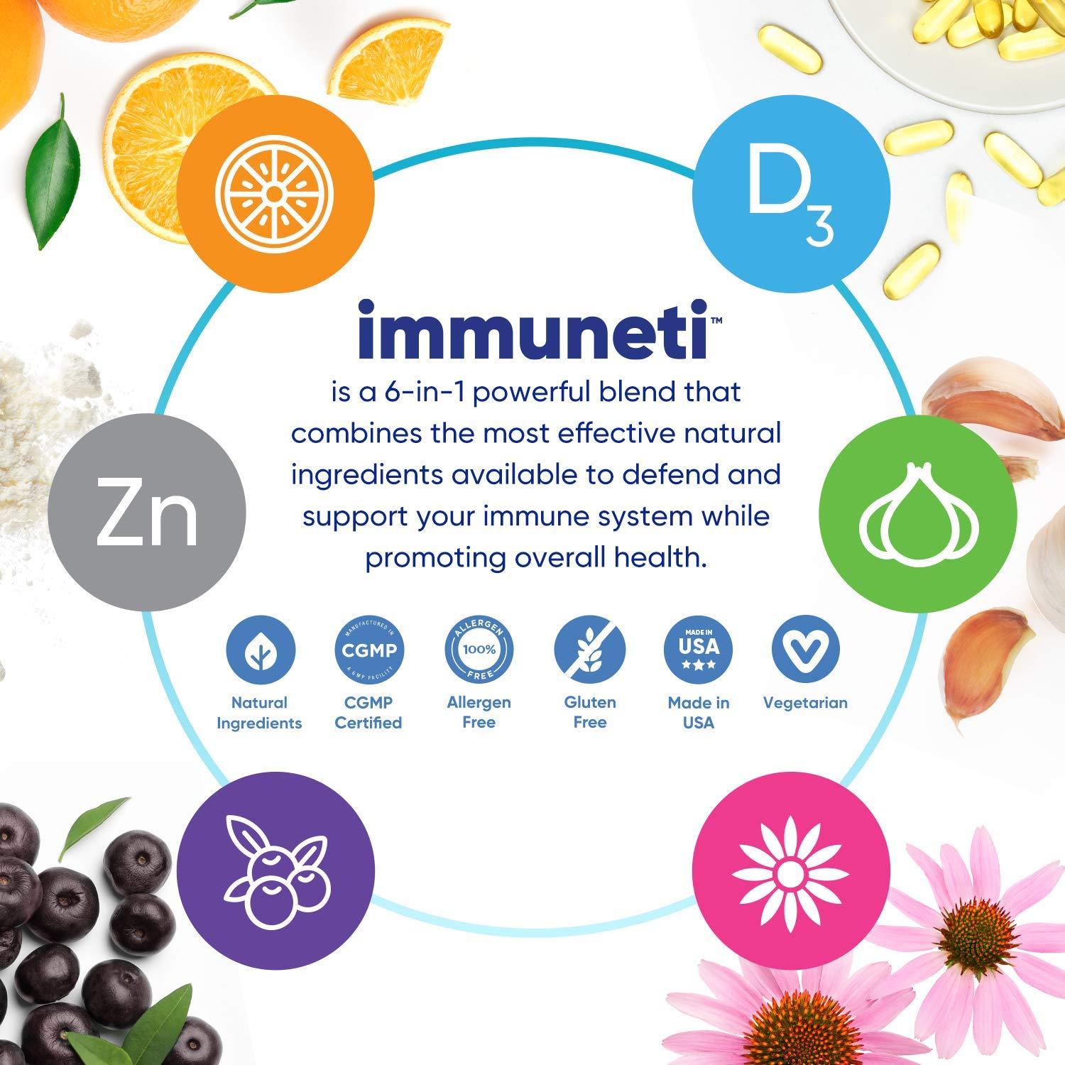 Immuneti Nutrition Immuneti - Advanced Immune Defense, 6-in-1 Powerful Blend of Vitamin C, Vitamin D3, Zinc, Elderberries, Garlic Bulb, Echinacea - Supports Overall Health, Provides Vital Nutrients & Antioxidants