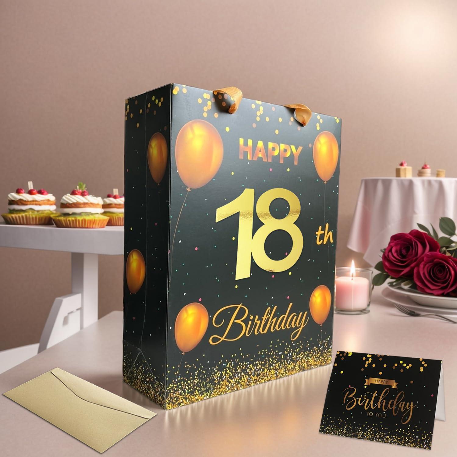 icanstand icanstand Black Gold 18th Birthday Gift Bag with Greeting Card, Envelope and Tissue Paper for Men Women, 13\" Large Gift Wrap Bag with Handles for Birthday Party Decorations Supplies (18th)