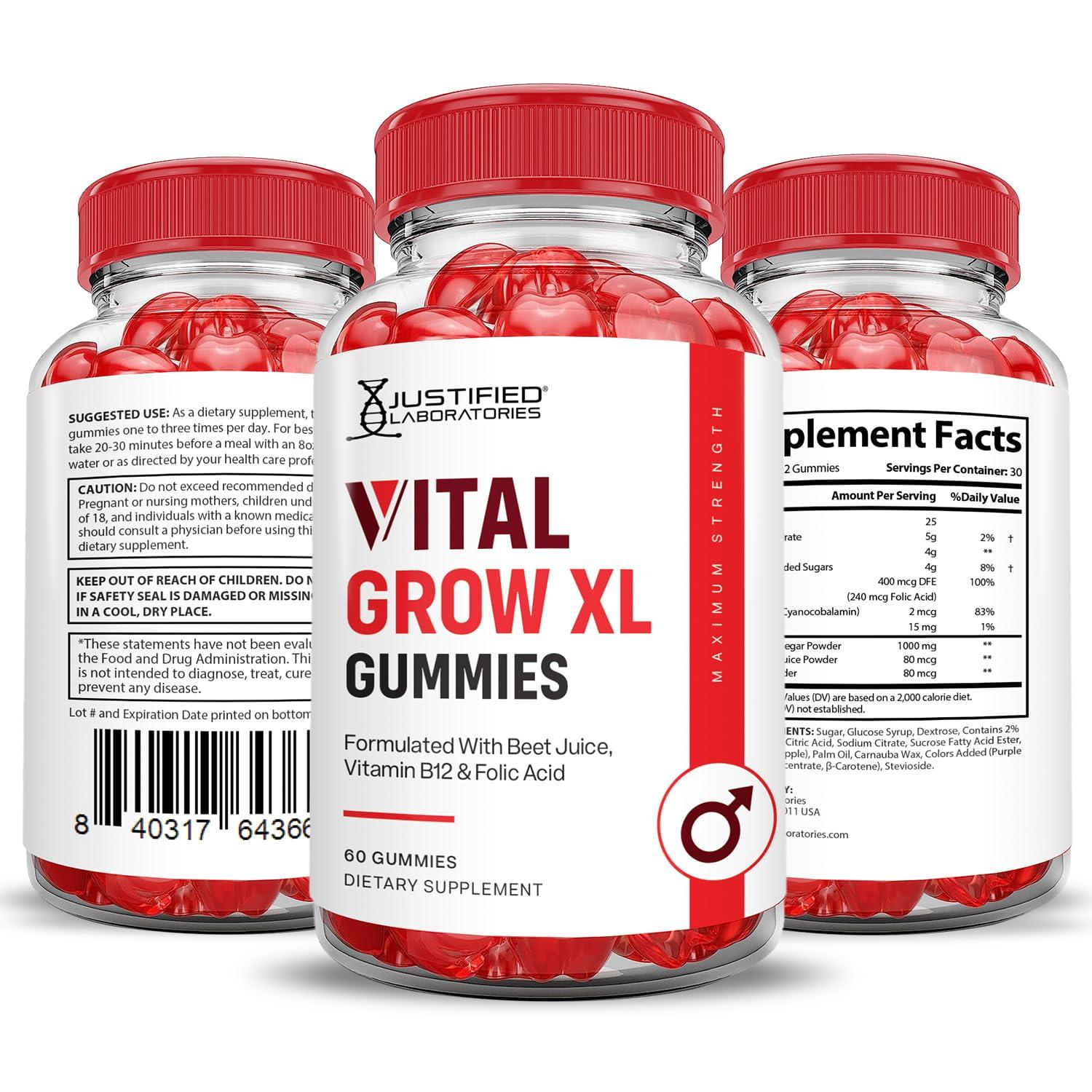 Justified Laboratories (5 Pack) Vital Grow XL Performance Gummies 1000MG Advanced Formula Formulated with ACV Pomegranate Beet Juice Powder B12 Vegan Non GMO 300 Gummys