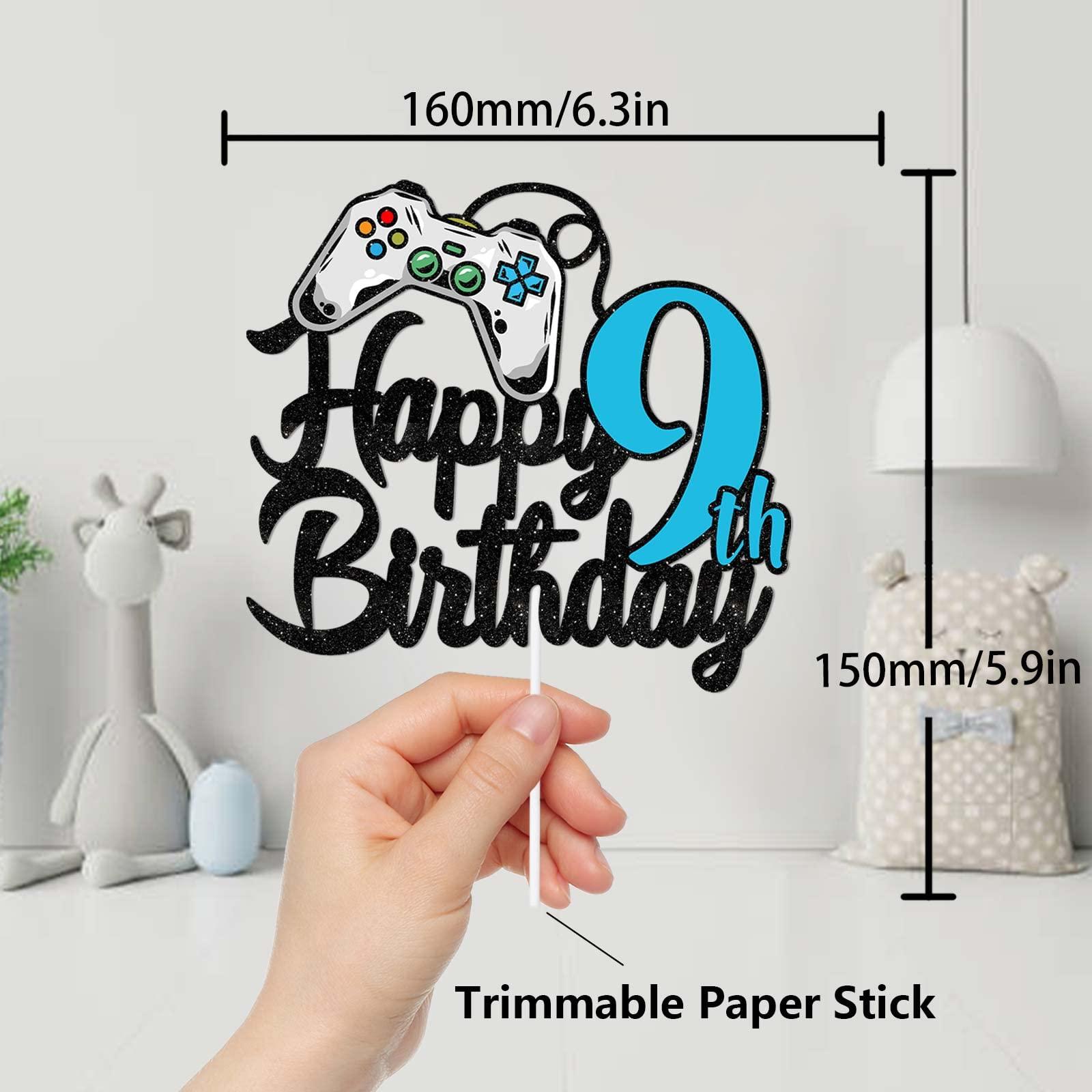 GZBJMYGS Happy 9th Birthday Cake Topper Party Video Games Decorations Black Blue Glitter - Cheers to 9 Years Level Up Theme Game On Winner Supplies for Boys or Girls