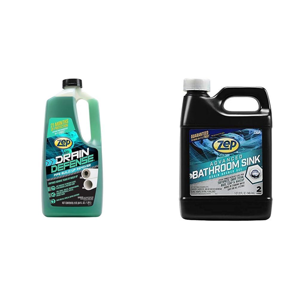 Zep Zep Drain Defense Pipe Build-Up Remover - 64 Ounces - ZLDC648 & Advanced Bathroom Sink Drain Opener Gel - 32 Ounce - U49310 - Formulated for Toothpaste