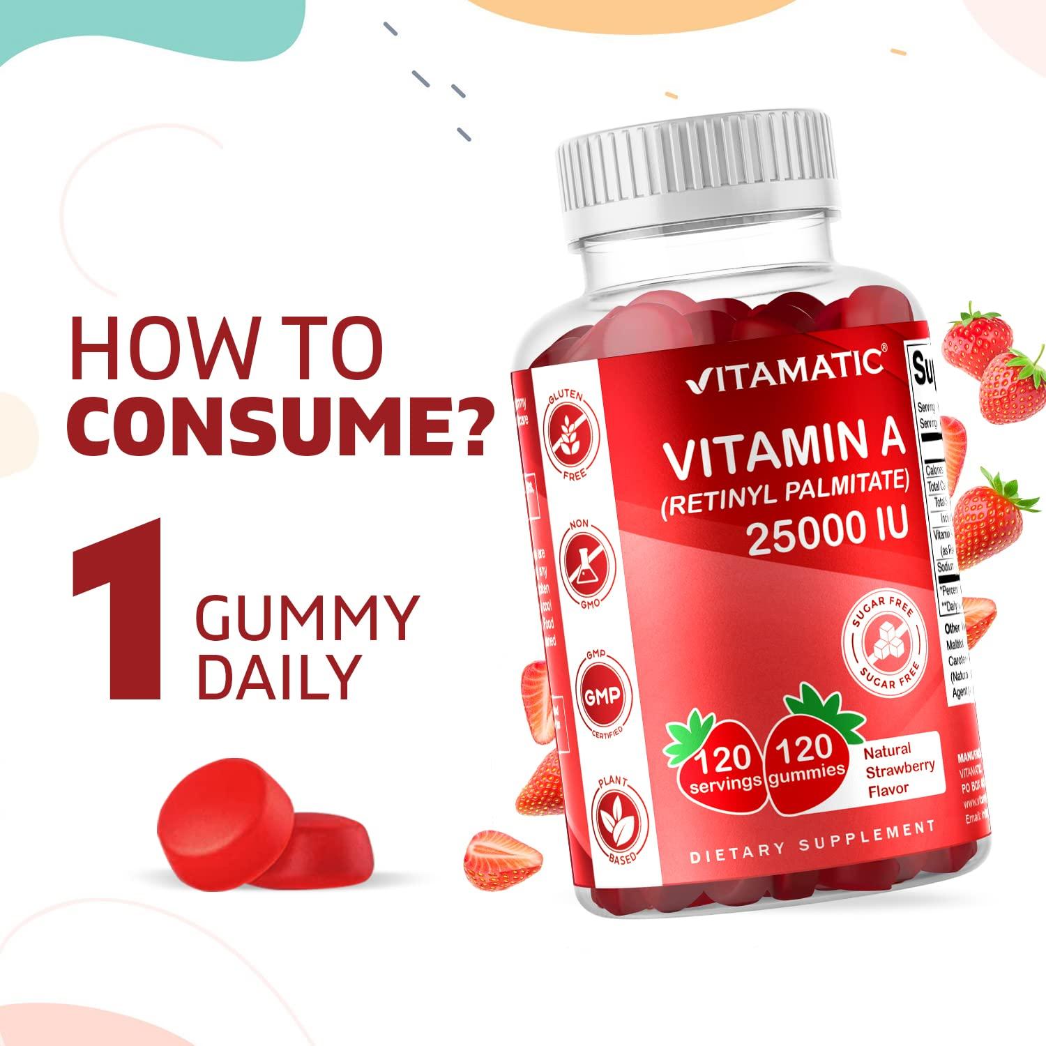 Vitamatic Vitamatic Sugar Free Vitamin A 25000 IU Gummies (Retinyl Palmitate) - Natural Strawberry Flavor - 120 Pectin Based Gummies (1 Bottle)