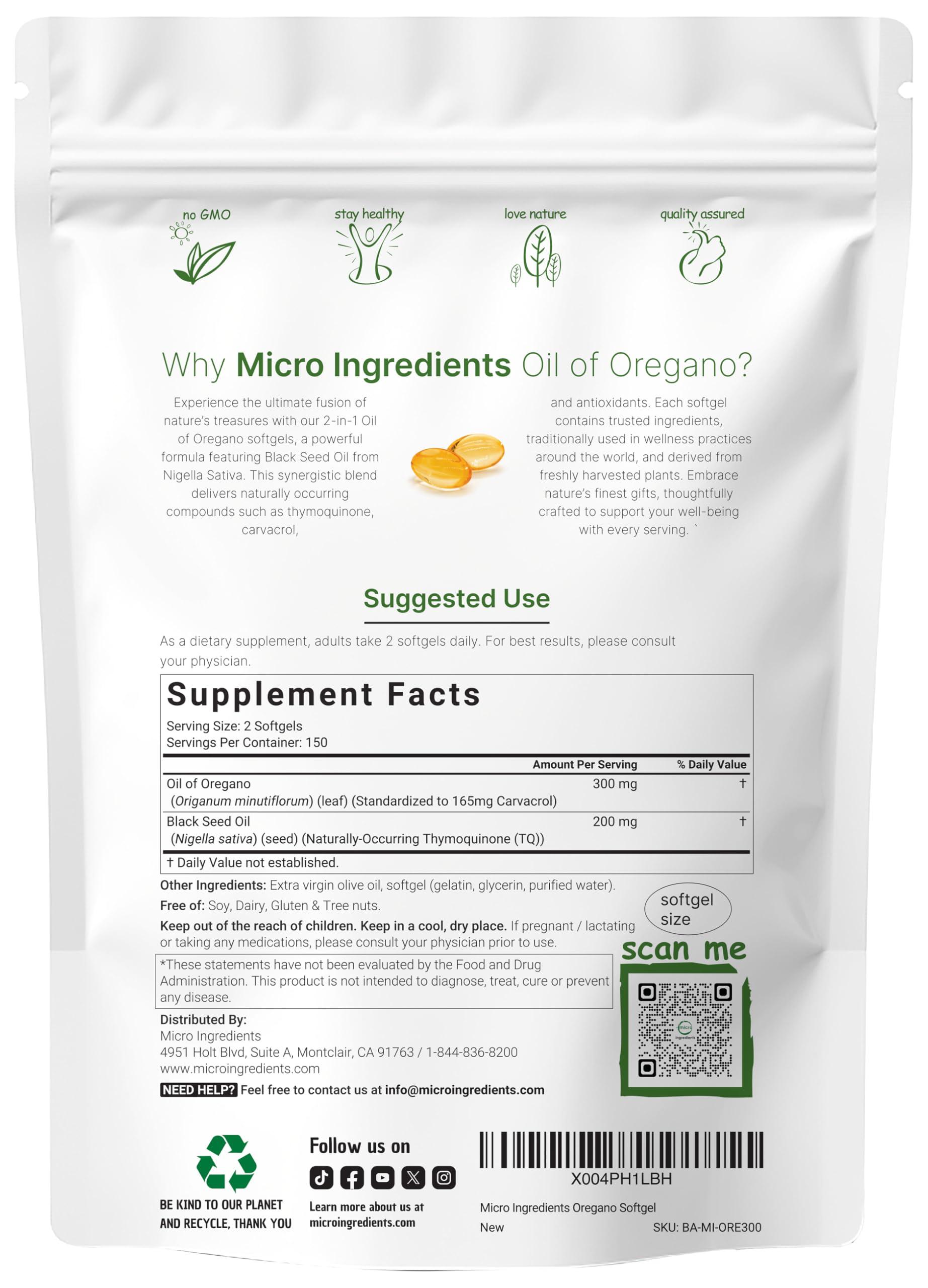 Micro Ingredients Micro Ingredients Oil of Oregano Softgels 6000mg Per Serving, 300 Count | 2 in 1 Formulated with Black Seed Oil 200mg, 4X Strength Carvacrol & Thymoquinone | Plant Based, Non-GMO & Immune Support