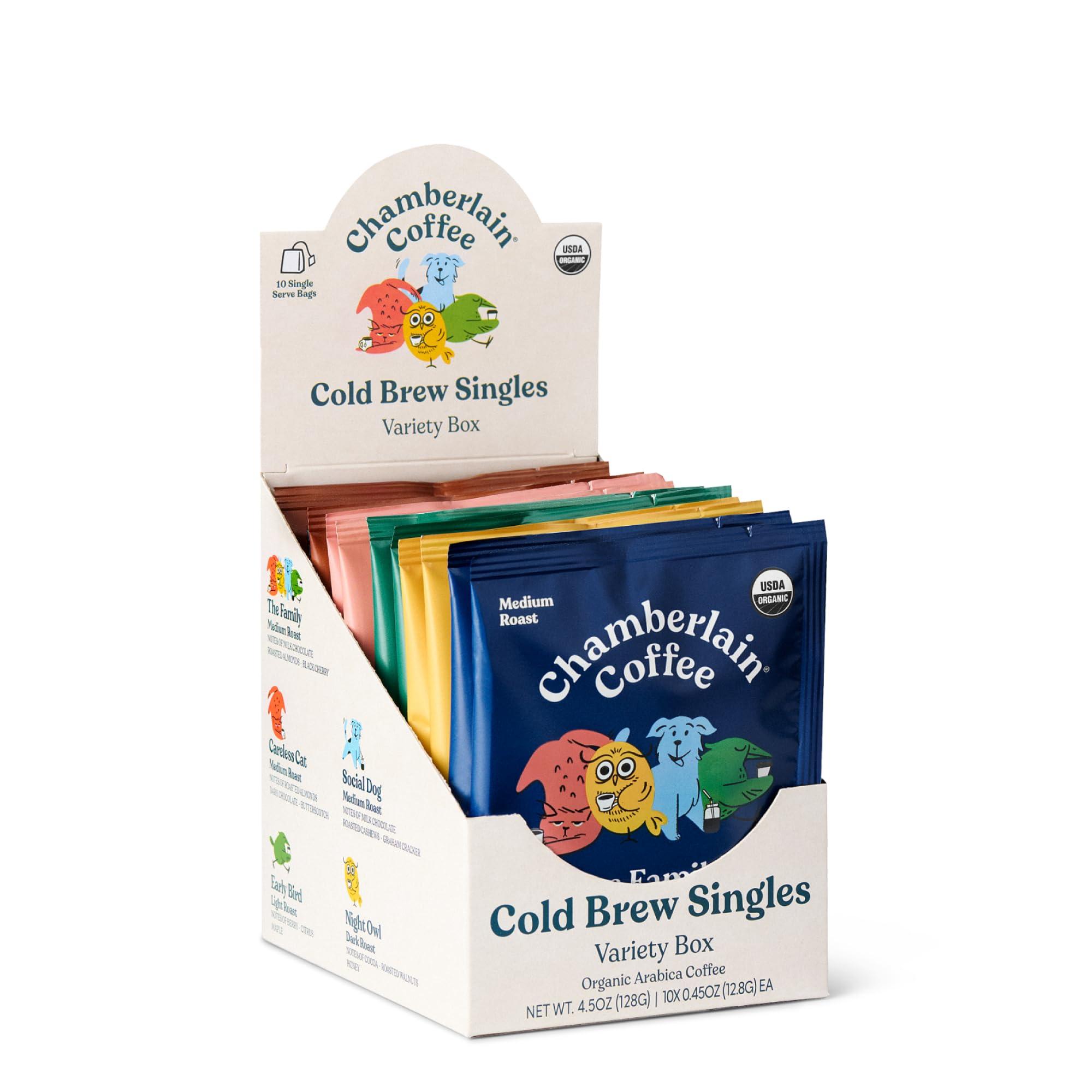 Chamberlain Coffee Chamberlain Coffee Variety Box Single Serve Bags - Includes 5 Blends, Original Family Blend, Early Bird Blend, Night Owl Blend, Careless Cat Blend, Social Dog Blend - 10 Single Serve Cold Brew Sachets