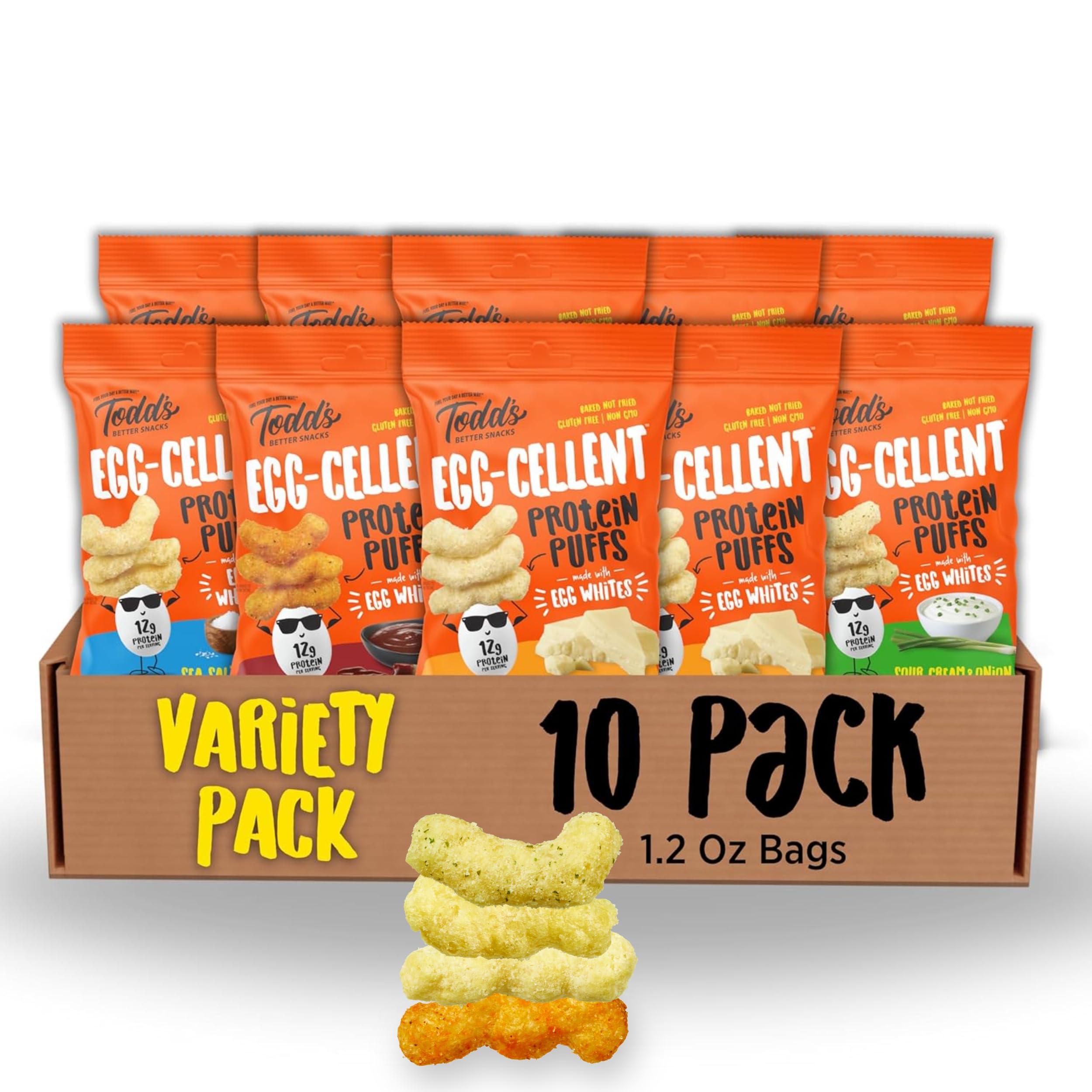 Todd\'s Better Snacks Todd\'s Better Snacks Egg-Cellent Protein Puffs, Variety Pack, 1.2 Oz (Pack of 10), Made with Egg Whites, 12g Protein, Gluten Free Healthy Snack