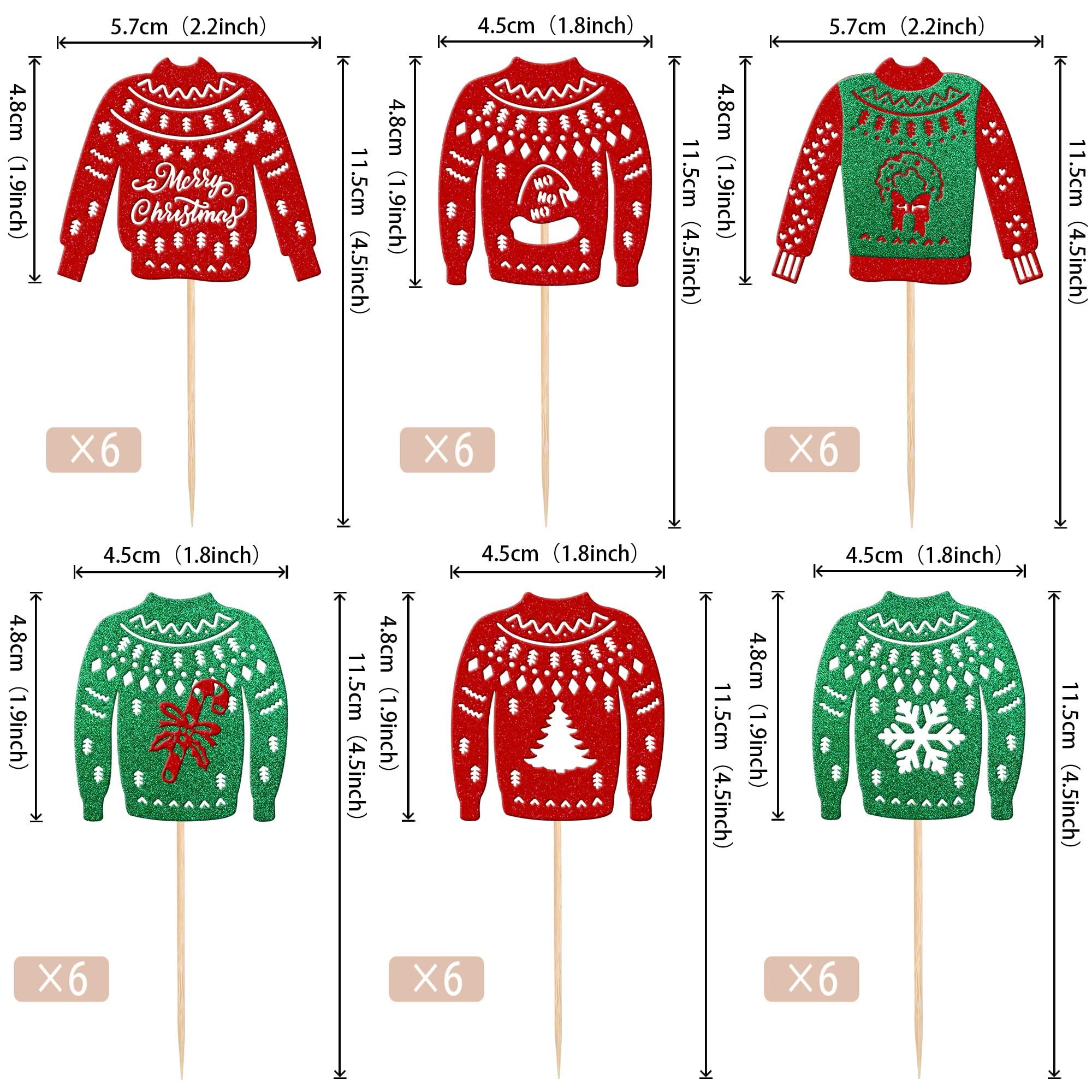 ZHUOWEISM 36 PCS Christmas Ugly Sweater Cupcake Toppers Green Red Glitter Santa Claus Gifts Christmas Tree Deer Snowflake Cupcake Picks for Merry Christmas Theme Holiday Party Cake Decorations Supplies