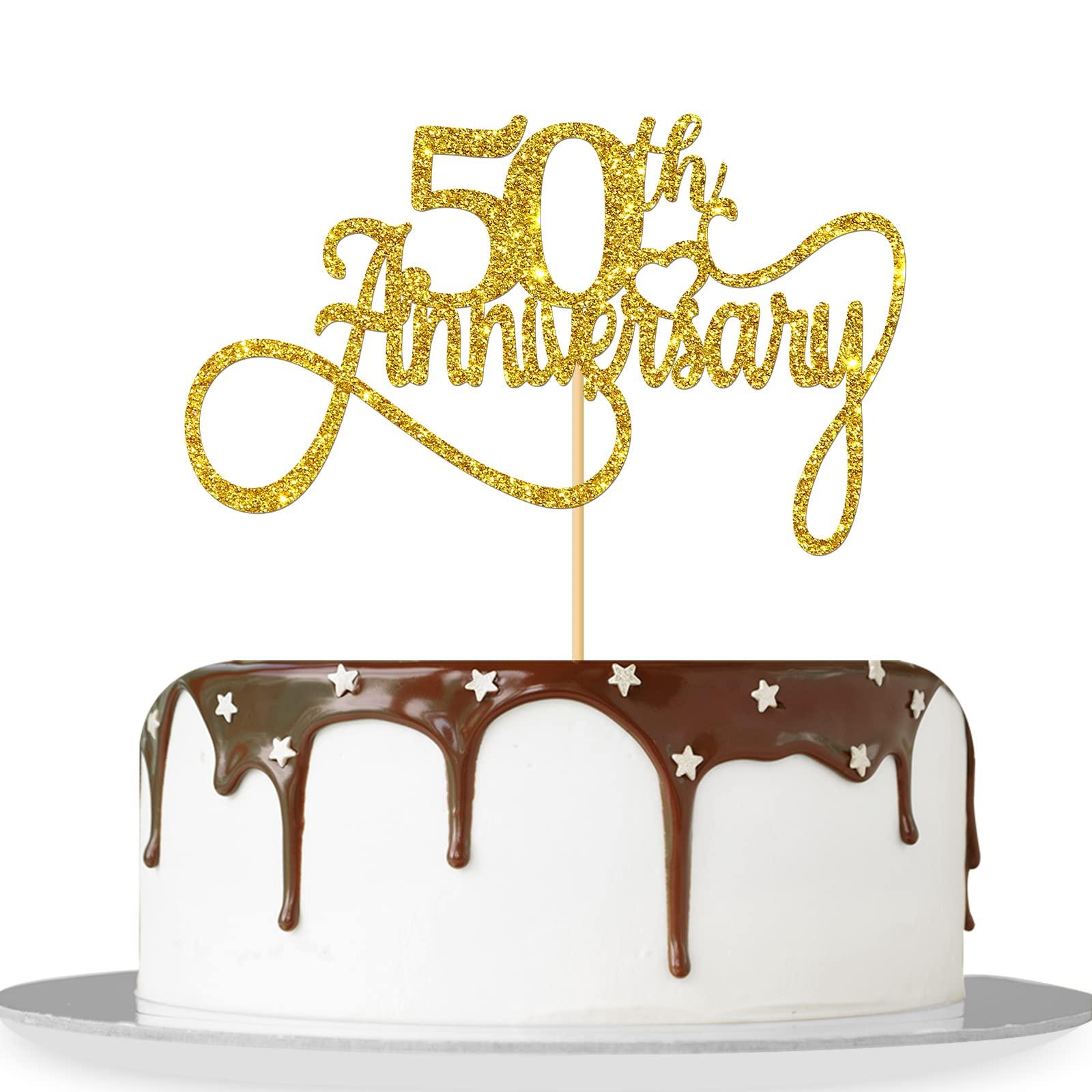 MonMon & Craft Gold Glitter 50th Anniversary Cake Topper / Happy 50th Birthday Cake Topper / 50th Wedding Anniversary Birthday Theme Party Decorations