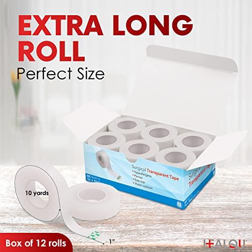 Healqu HEALQU Transparent Medical Tape - Box of 12 Rolls, 1\" x 10yd Surgical Tape with Gentle Adhesion for Sensitive Skin for Wound Care,Tubing, First Aid Supplies - Breathable, Microporous Tape