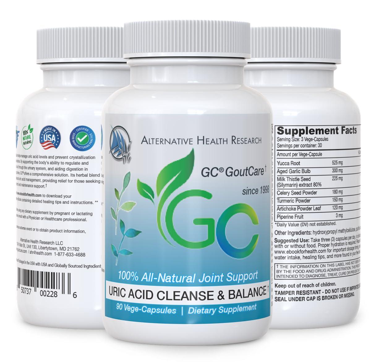 Alternative Health Research LLC GC GoutCare: Uric Acid Control | Uric Acid Prevention | Joint Health Supplement | Joint Relief | with Turmeric, Celery Seed Extract, Milk Thistle and More | 90 Capsules per Bottle | Non-GMO