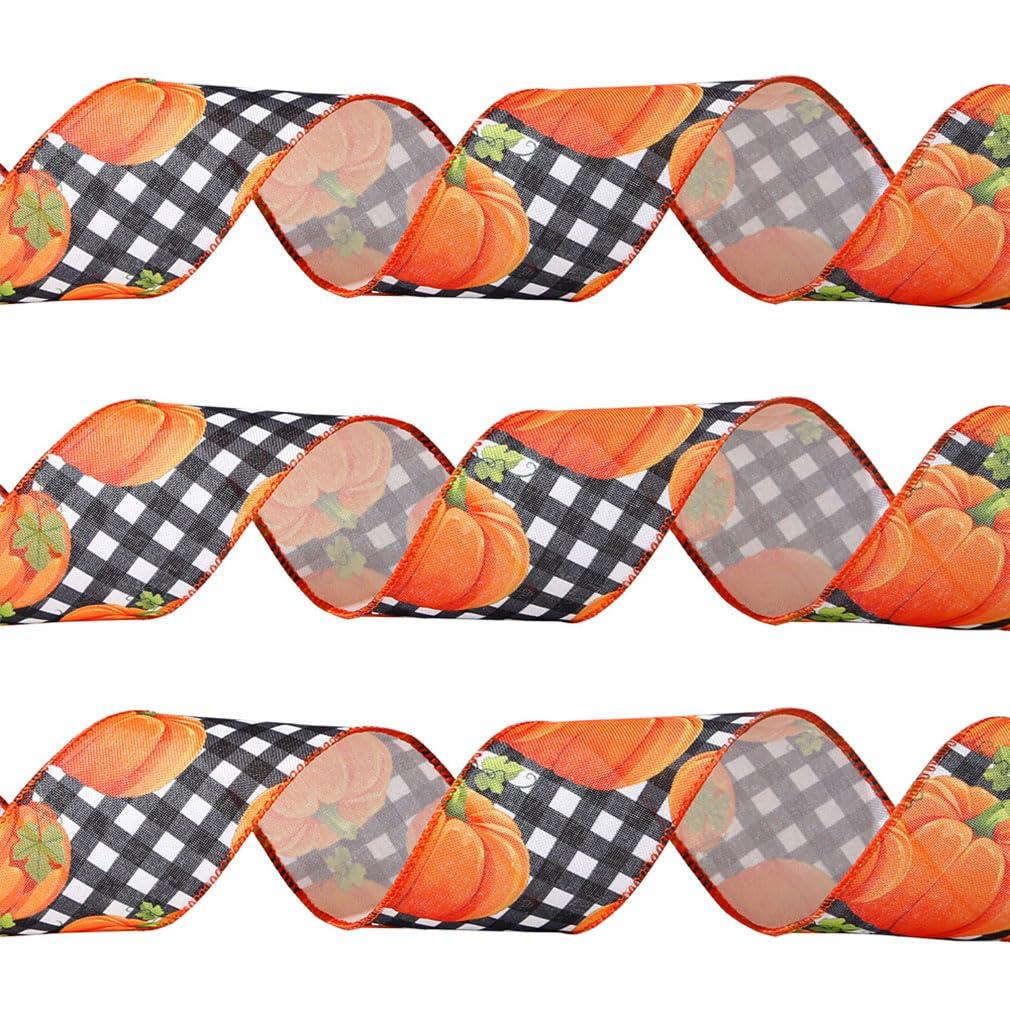 KALWAX Autumn Ribbon Roll, Halloween Ribbon, Fall Wired Ribbon in 6.5cm Width for Wrapping Orange Plaid Maple Leaf Pumpkin Autumn Harvest DIY Craft Ribbon for Gift Wrapping Wreath Decor Bow (5 Pieces)