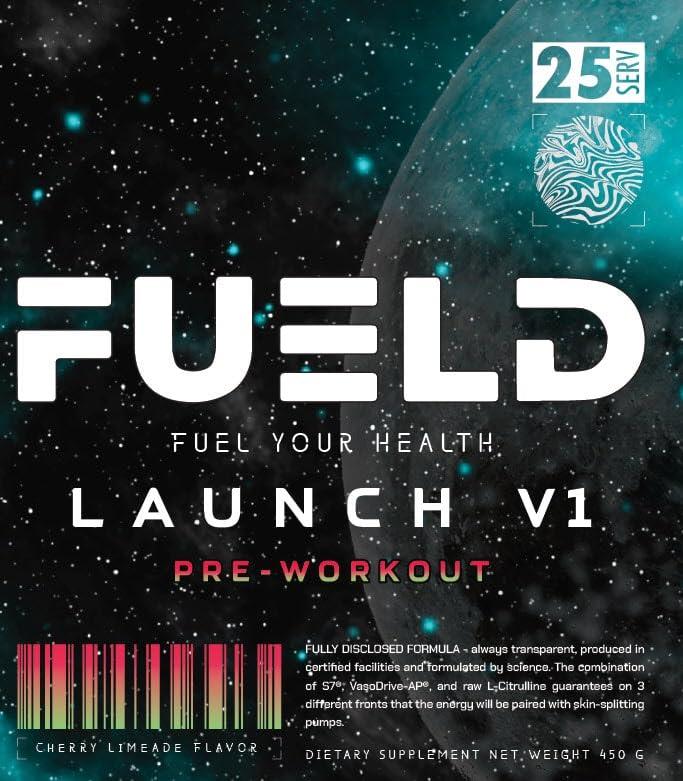 FUELD FUELD Launch V1 Pre-Workout, Insane Energy Blend, Out of This World Pump Matrix, 6g Raw L-Citrulline, 254mg Vaso Drive AP, 350mg Caffeine, 450g, 25 servings, Peach Rings