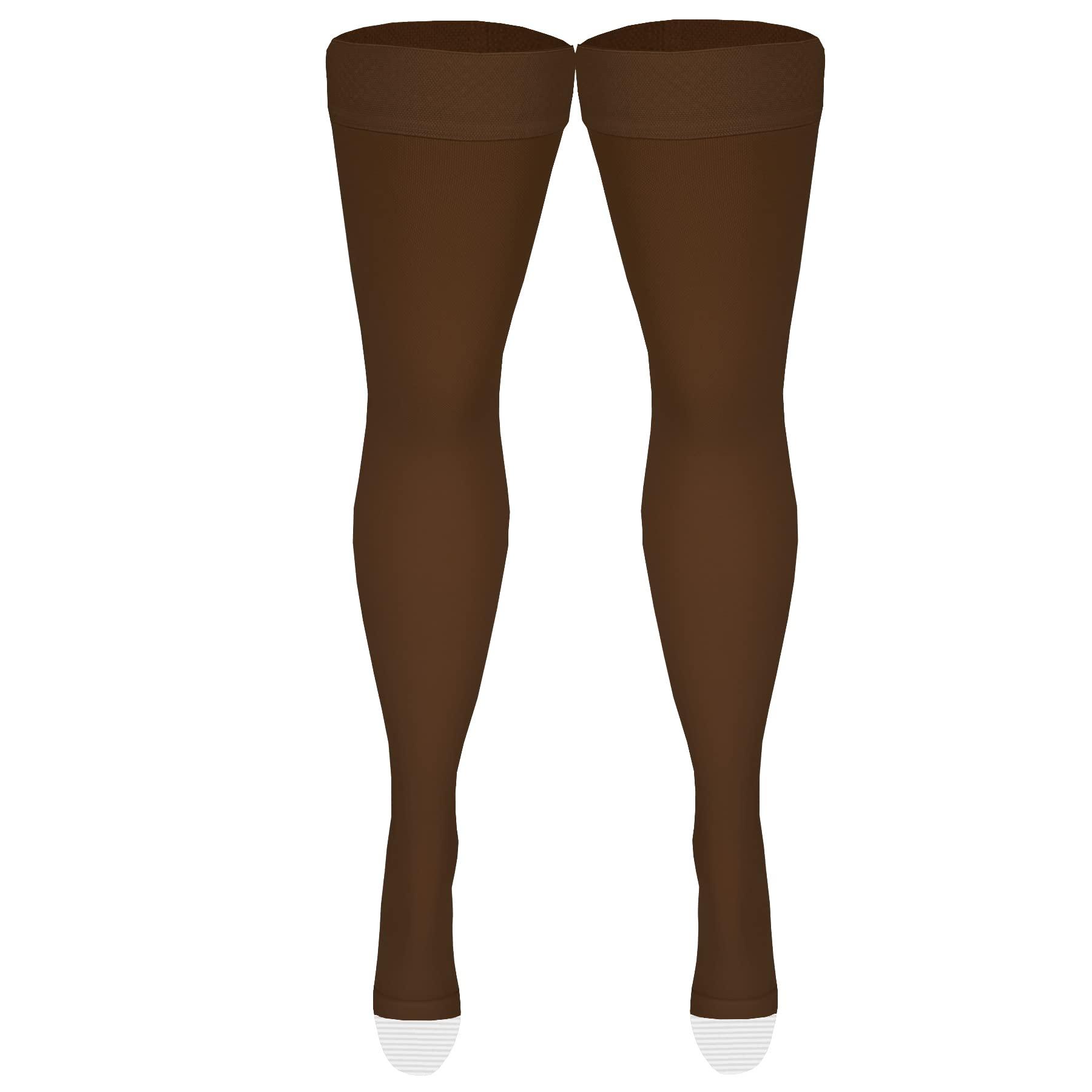 NuVein NuVein Medical Compression Stockings, 20-30 mmHg Support, Women & Men Thigh Length Hose, Open Toe, Brown, 2X-Large