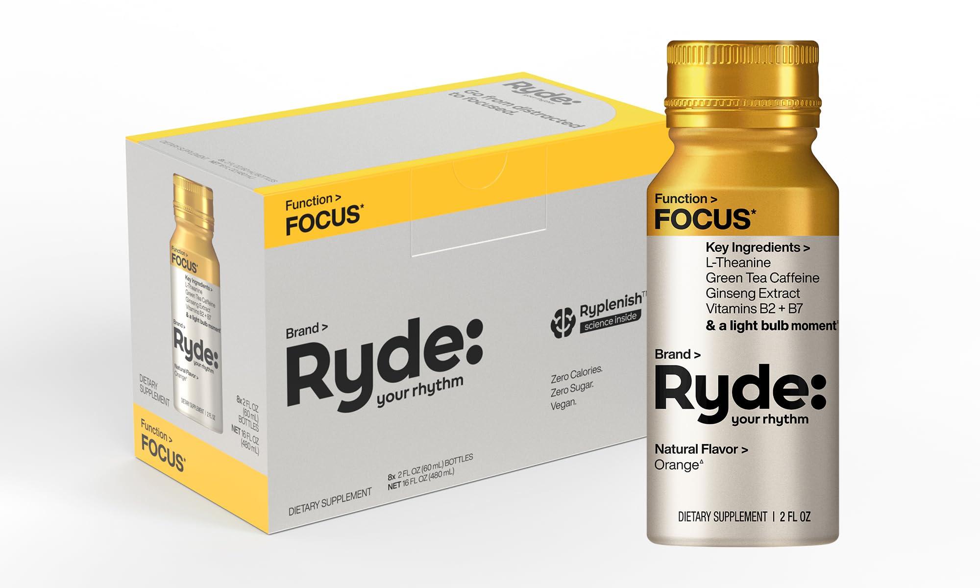 RYDE Ryde: Focus Shot | Orange Flavor | L-Theanine & Ginseng | Green Tea Caffeine | Vitamins B2 & B7 | 0 Calories, 0 Sugar | 2 FL OZ Shots | Supports Focus* (8 Pack)