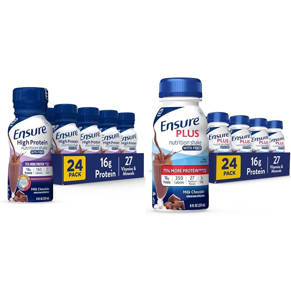 Ensure Ensure High Protein Nutritional Shake With Fiber & Ensure Plus Nutrition Shake With Fiber, 16 Grams of Protein, Meal Replacement Liquid, Milk Chocolate, gluten free, 8 Fl Oz (Pack of 24)