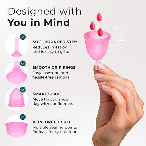 EcoBlossom EcoBlossom Menstrual Cup Kit - Tampon, Pad, and Disc Alternative Product - Wear for 12 Hours - Reusable Period Cup/Copa Designed with Soft Flexible Medical-Grade Silicone (Small & Large)