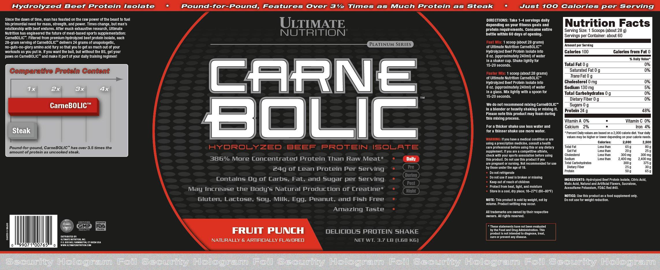 Ultimate Nutrition Ultimate Nutrition Carne Bolic Beef Protein Powder, Lactose Free Protein Shakes, Paleo and Keto Friendly with No Sugar or Carb, Low Calorie Isolate Powder, Hydrolized Protein, 60 Servings, Fruit Punch