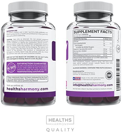 Healths Harmony Elderberry Gummies for Kids with Vitamin C & Zinc (3 Months Supply) 90 Delicious Raspberry Flavor Gummy - Immune Support Supplement for Children - Vegetarian Sambucus Elderberry Gummies (No Pills)