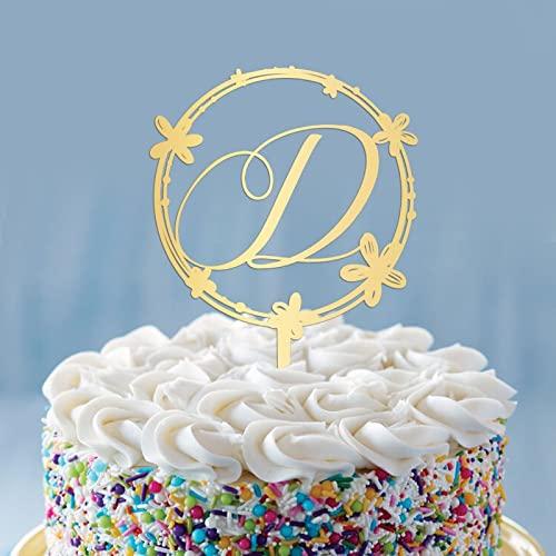 Cheyan Initial D Cake Topper, Personalized Letter Gold/Silver Glitter Cake Topper, Monogram Wood/Acrylic Wedding Topper, Wreath Cake Topper for Birthday Rustic Anniversary Party Supplies, Made in USA