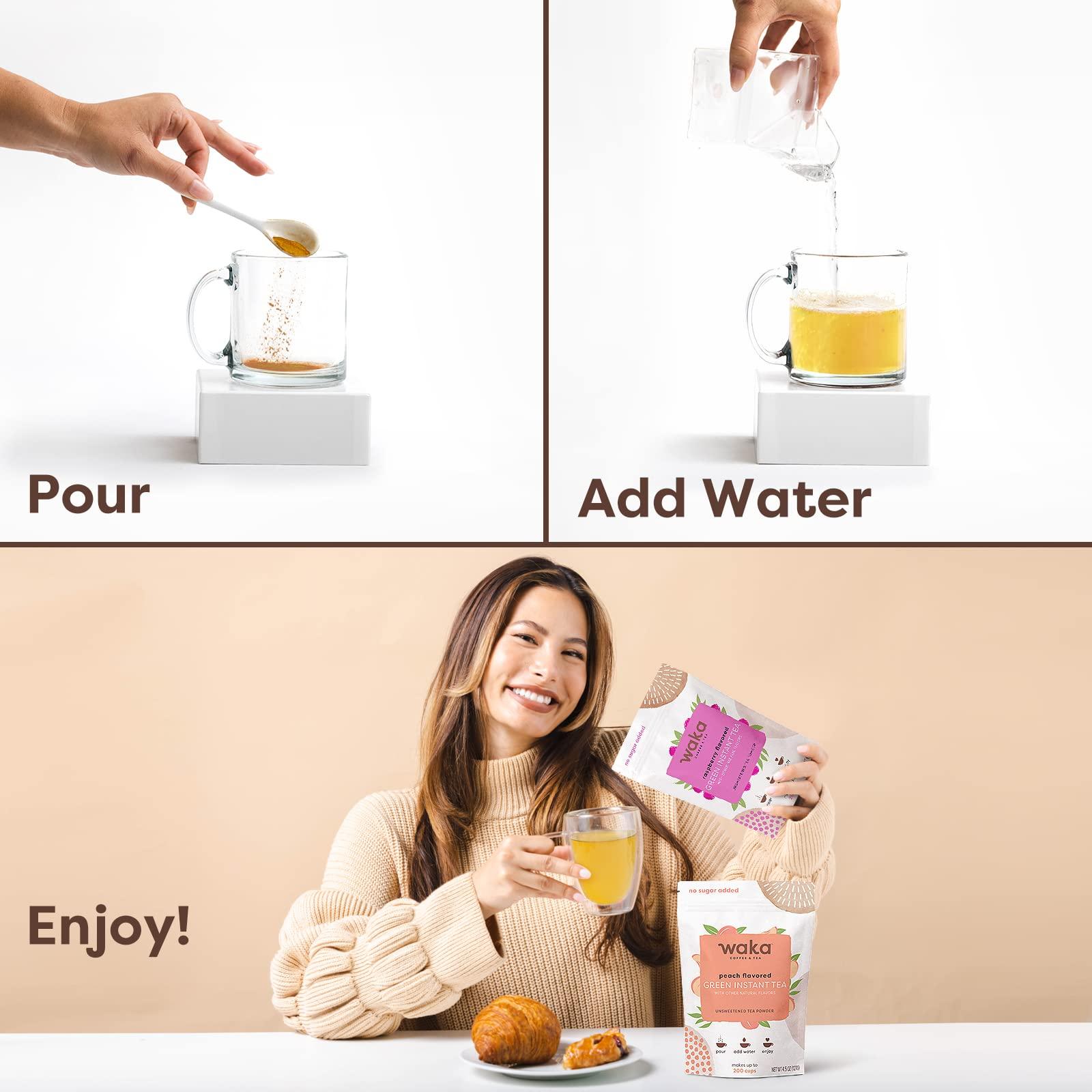 Waka Coffee Waka Instant Tea Mix, 2 Bag Bundle - 100% Tea Leaves, No Additives, Unsweetened Tea Powders - Raspberry Flavored & Peach Flavored Green (4.5oz Each)