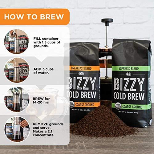 Bizzy Bizzy Organic Cold Brew Coffee | Bundle | Coarse Ground Coffee | Breakfast Blend 1 LB + Breakfast Blend Brew Bags 4-count | 2 Pack