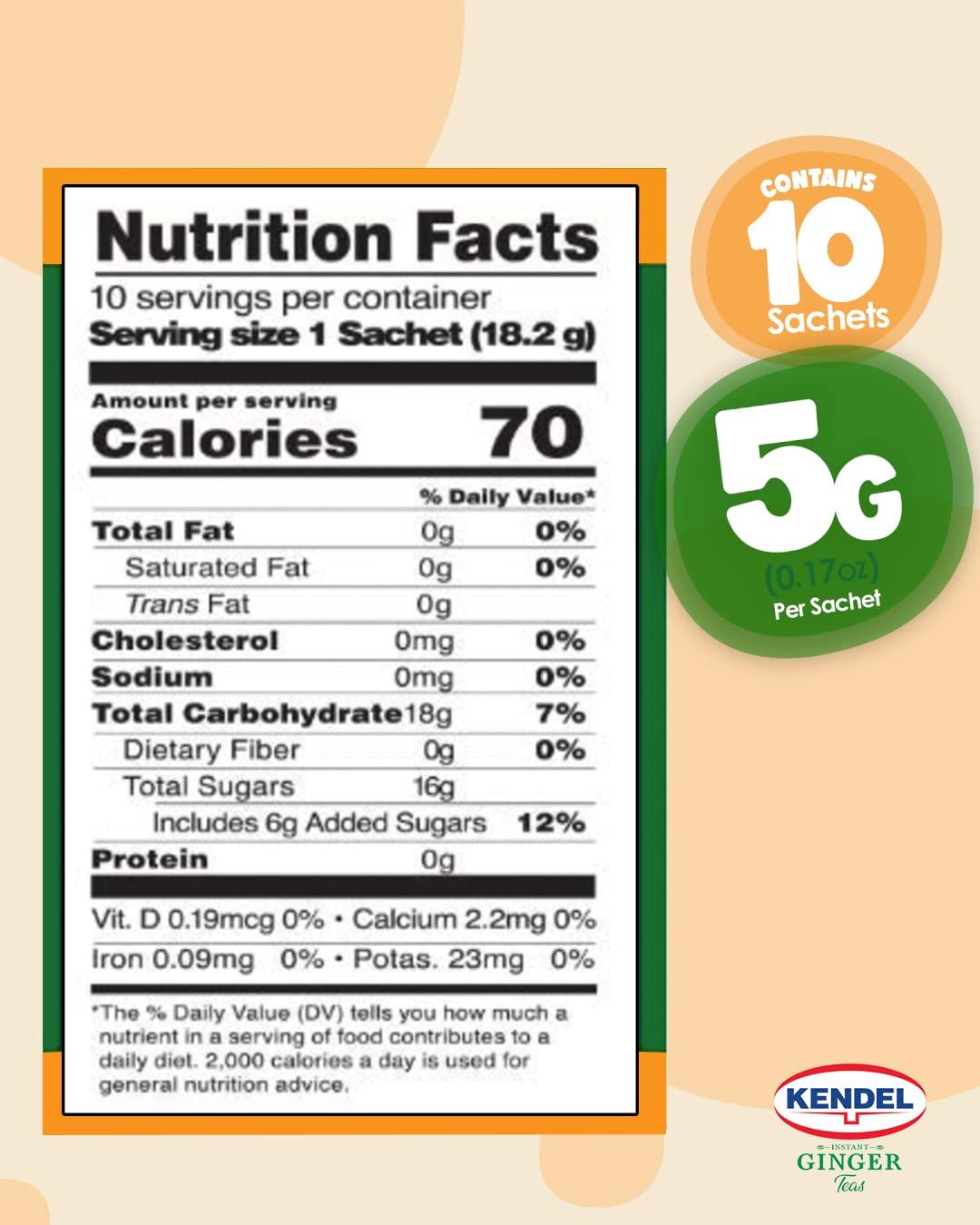 Kendel Kendel Instant Ginger Honey Tea, Caffeine Free (10 Sachets). Soothing flavor, Non-GMO